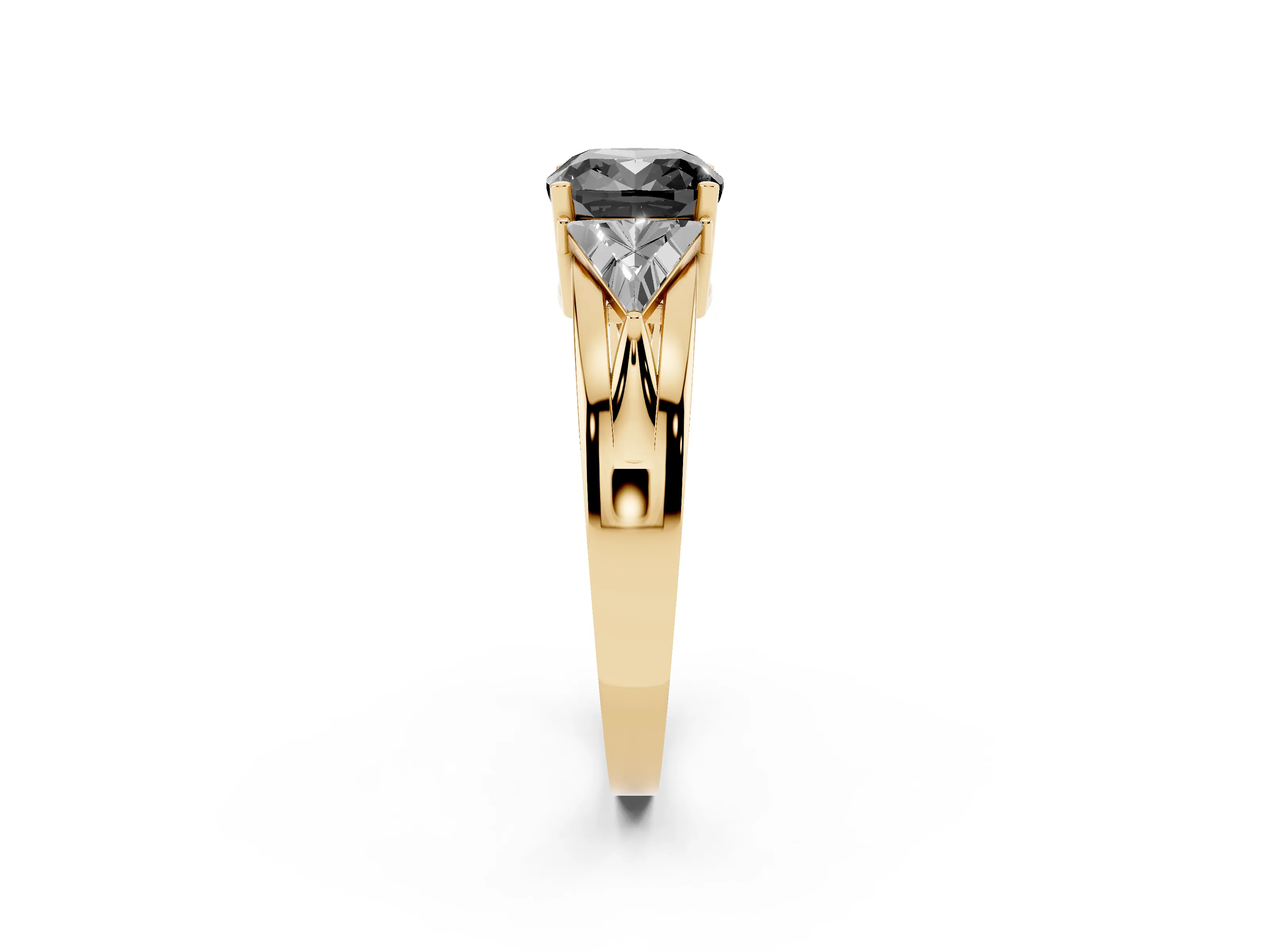 Fancy Black Cushion Cut Diamond Three-Stone Ring Set in Yellow gold with Trillion Side Stones and Split Shank
