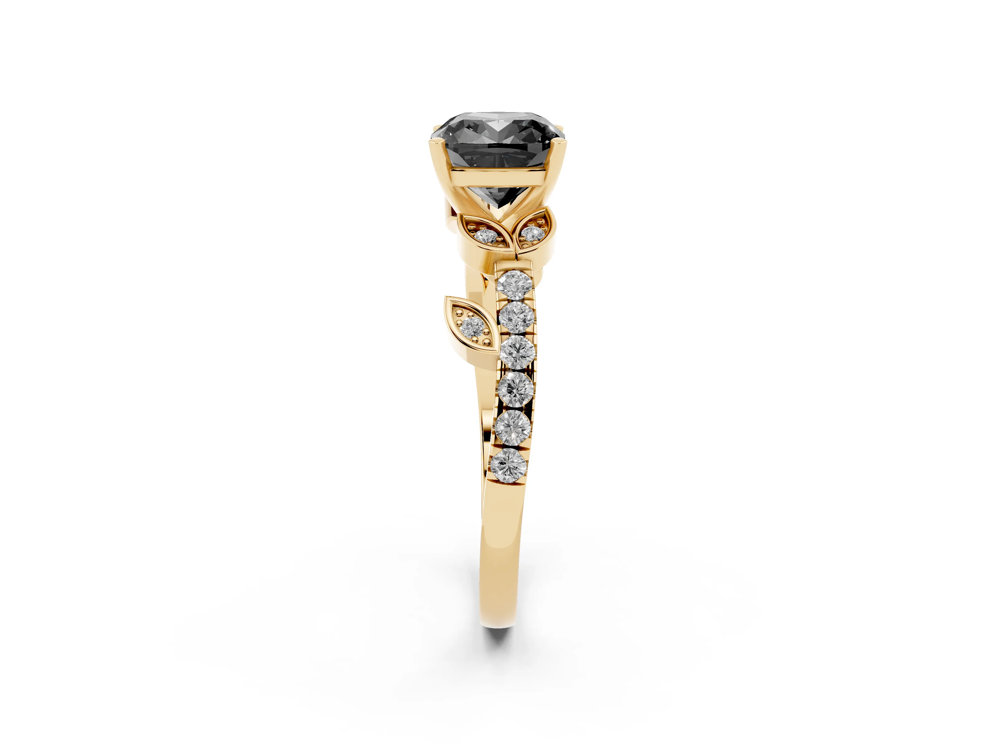 Fancy Black Cushion Cut Diamond Solitaire Leaf-Inspired Ring Set in Yellow gold with Pavé Band and Prong Setting