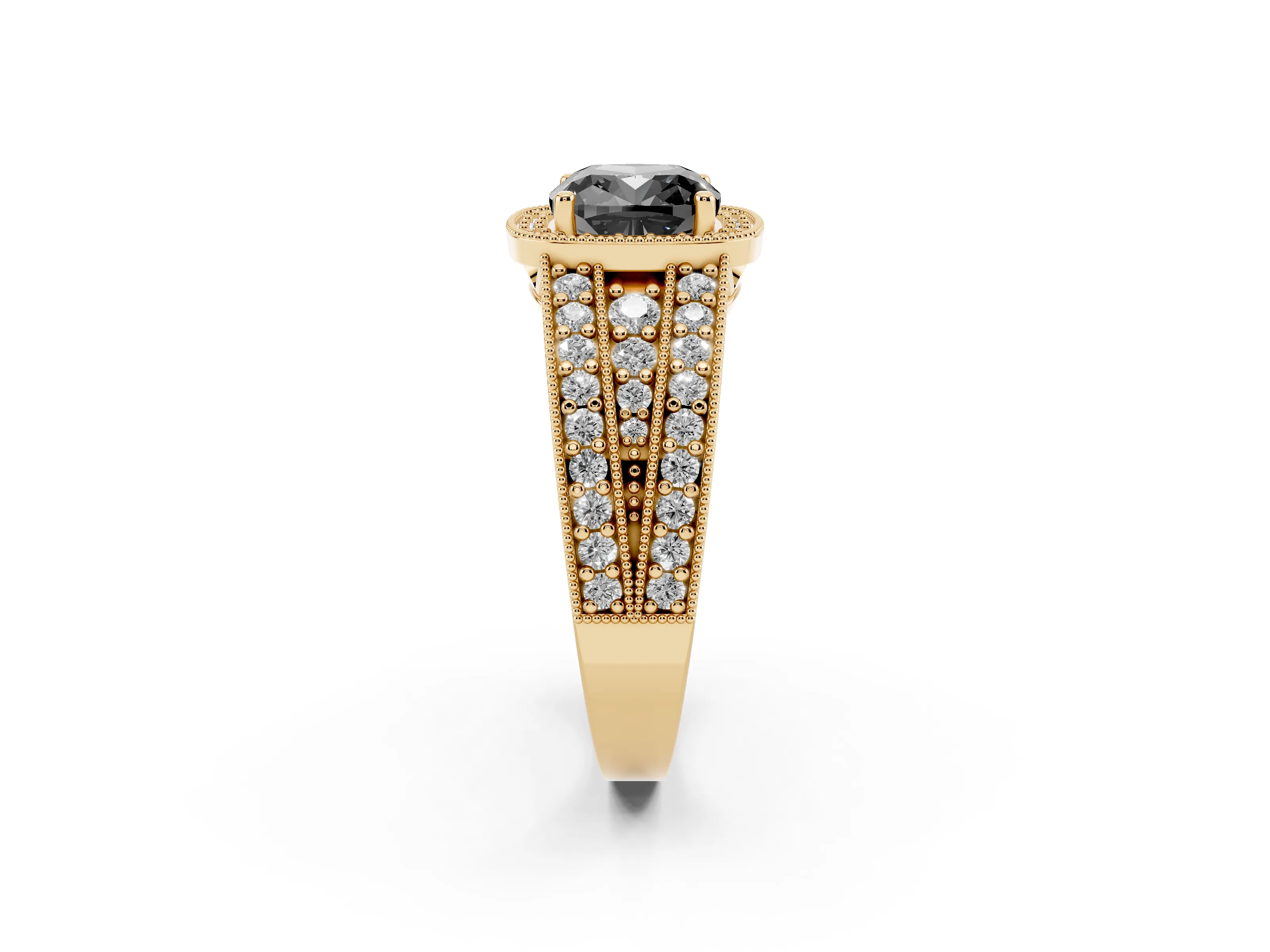 Fancy Black Cushion Cut Diamond Halo Ring Set in Yellow gold with Accent Split Shank and Prong Setting