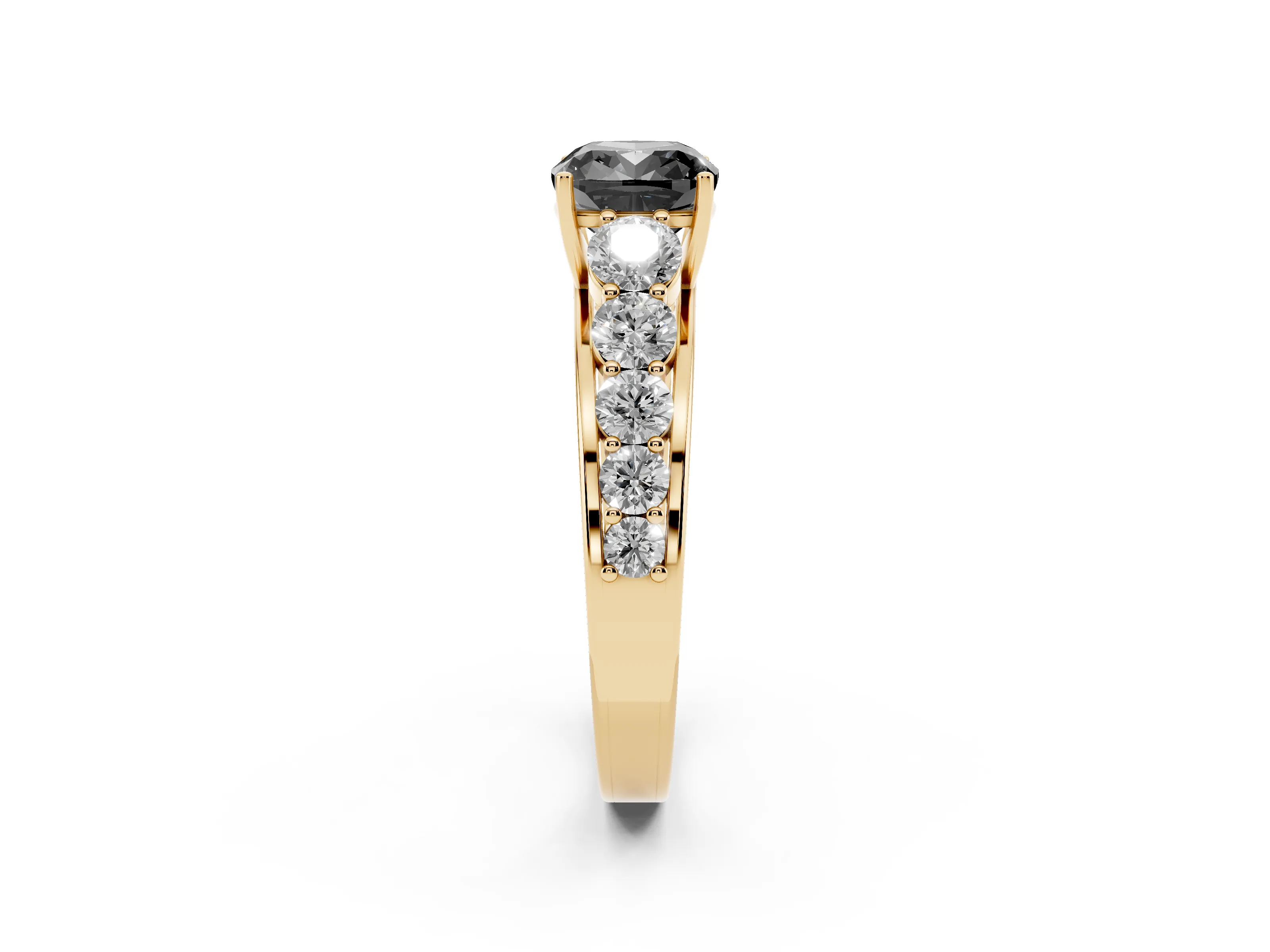 Fancy Black Cushion Cut Diamond Solitaire Ring Set in Yellow gold with Pavé-Set Band and Prong Setting