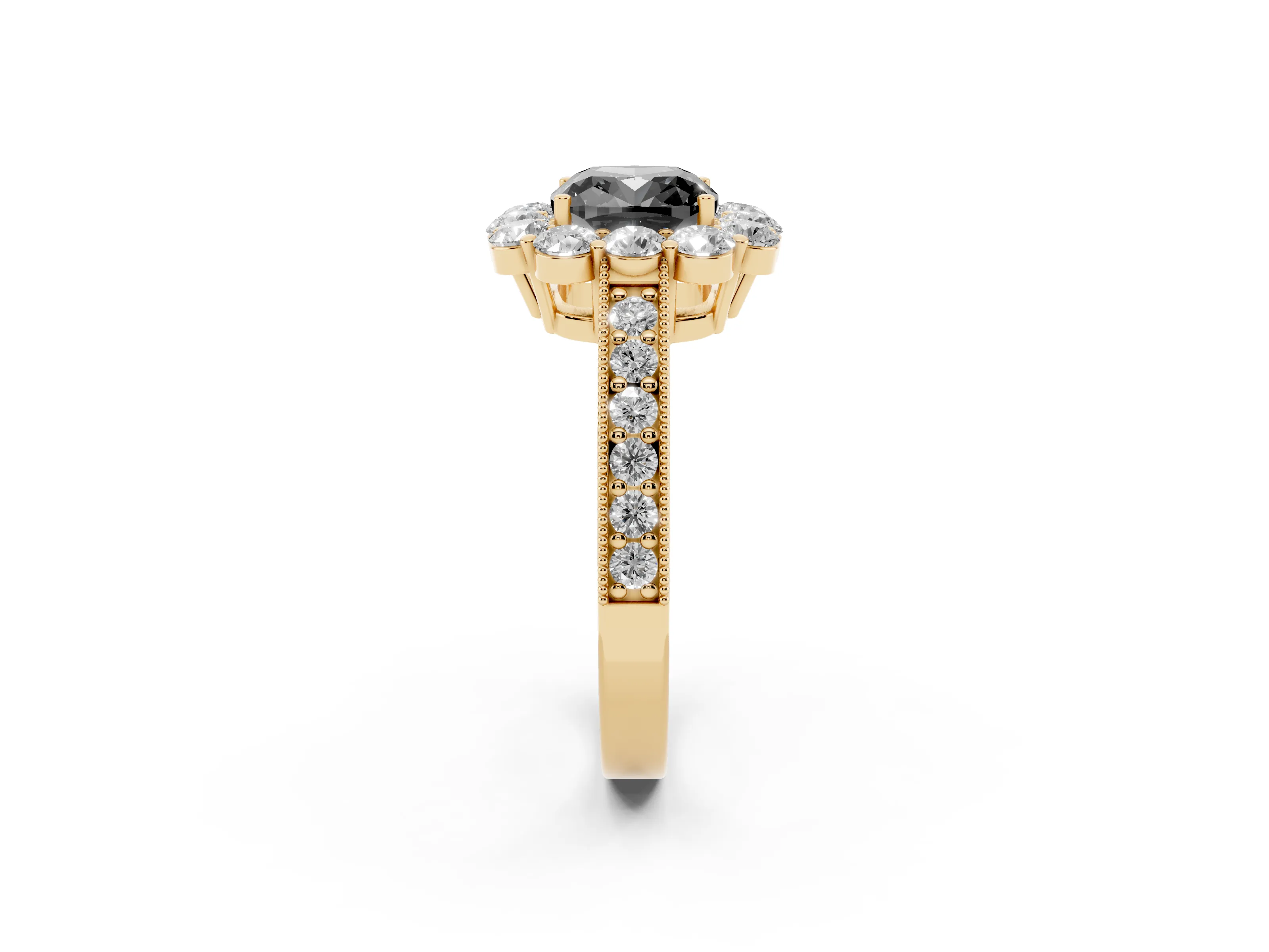 Fancy Black Cushion Cut Diamond Halo Pavé Engagement Ring Set in Yellow gold with Milgrain Detailing