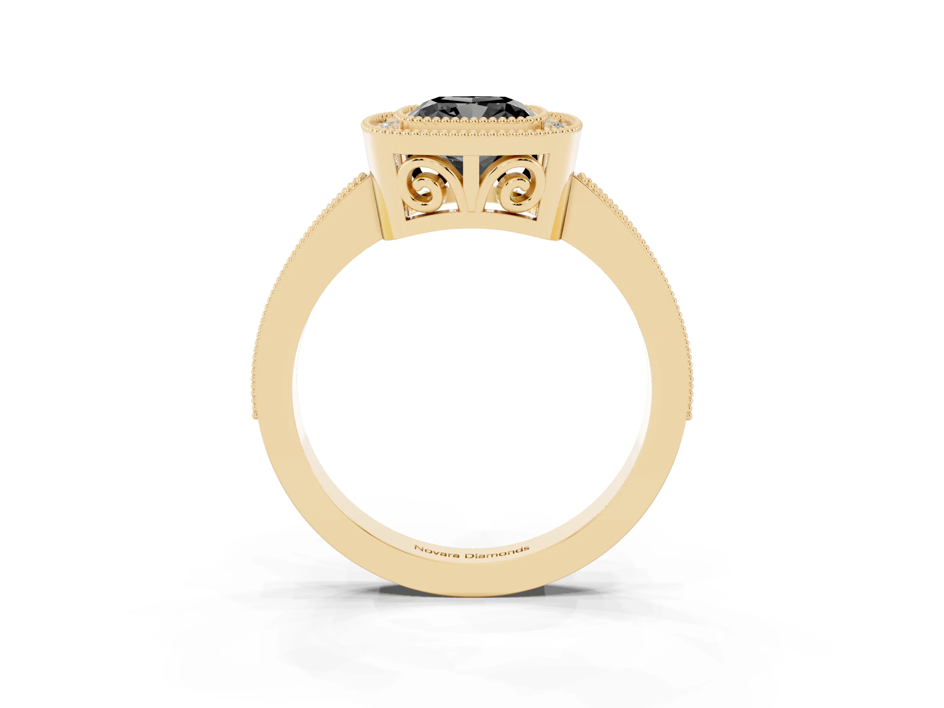 Fancy Black Cushion Cut Diamond Round Halo Ring Set in Yellow gold with Pavé Band