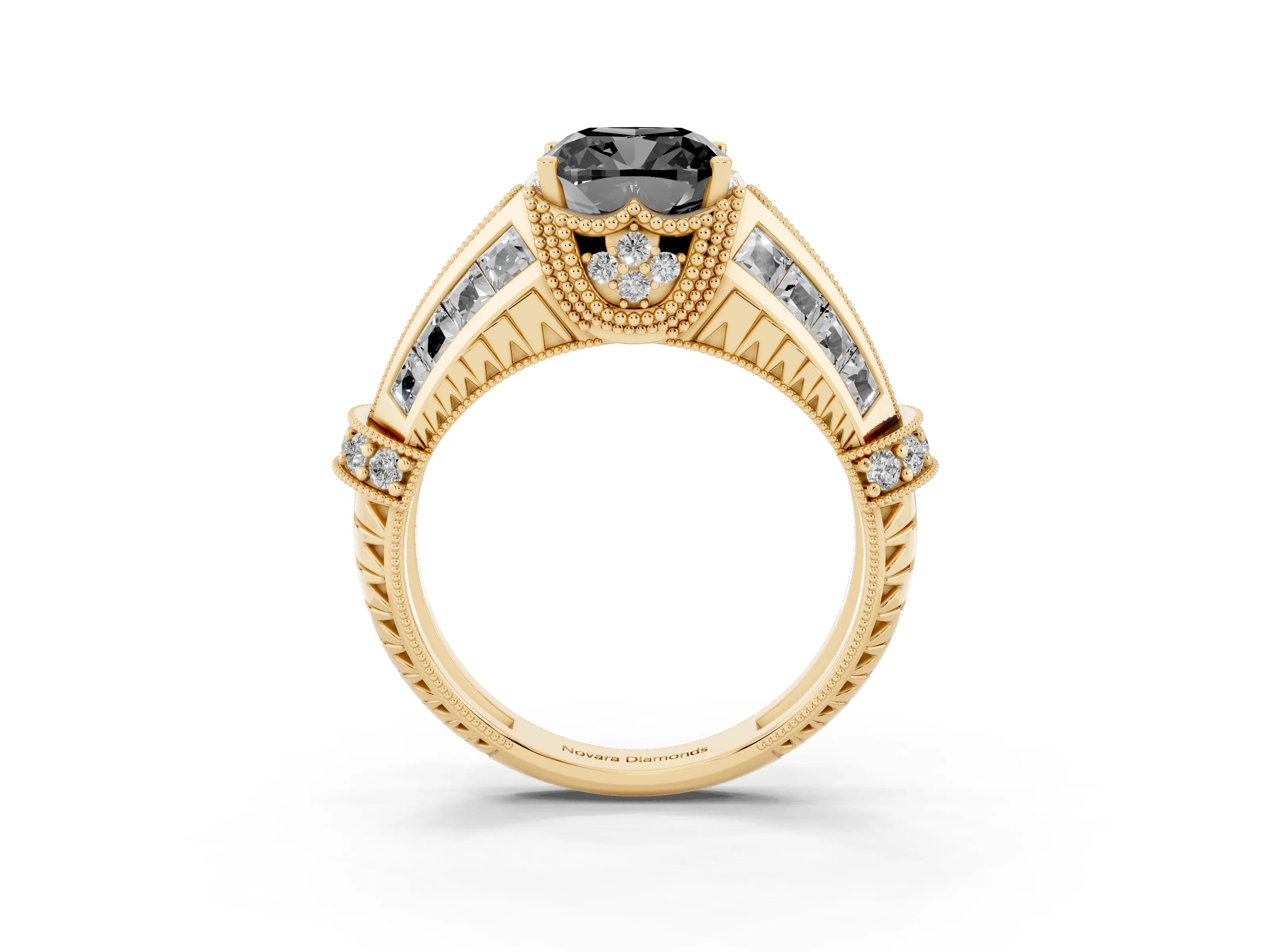 Fancy Black Cushion Cut Diamond Vintage-Inspired Milgrain Ring Set in Yellow gold with Accent Split Shank