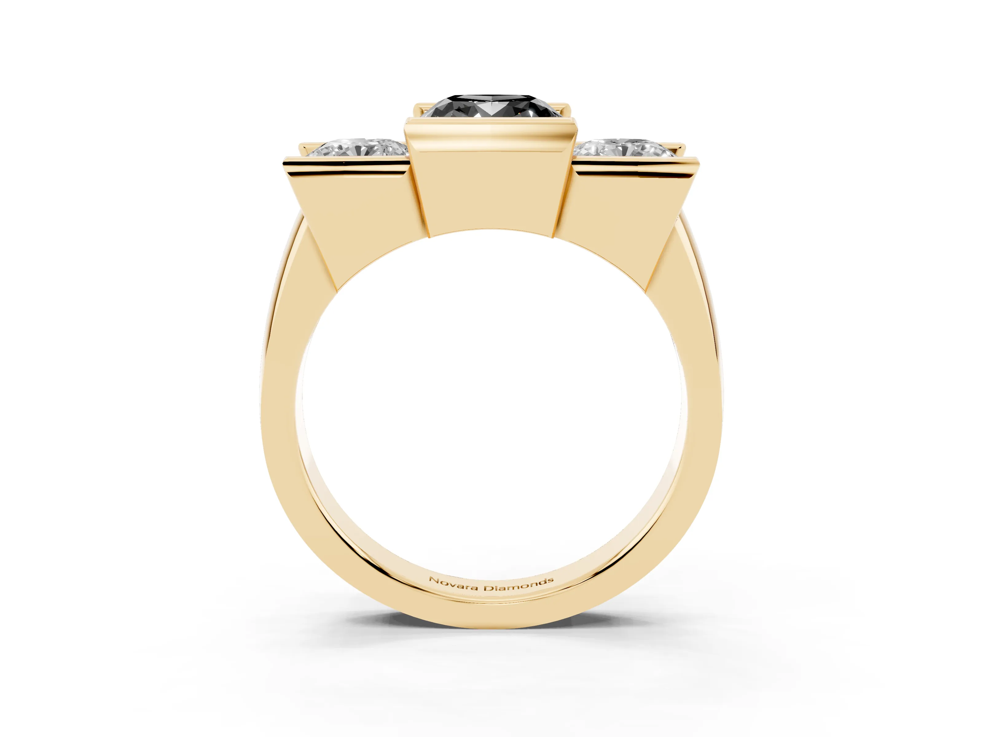 Fancy Black Cushion Cut Diamond Three-Stone Channel Set Ring Set in Yellow gold with Smooth Polished Band