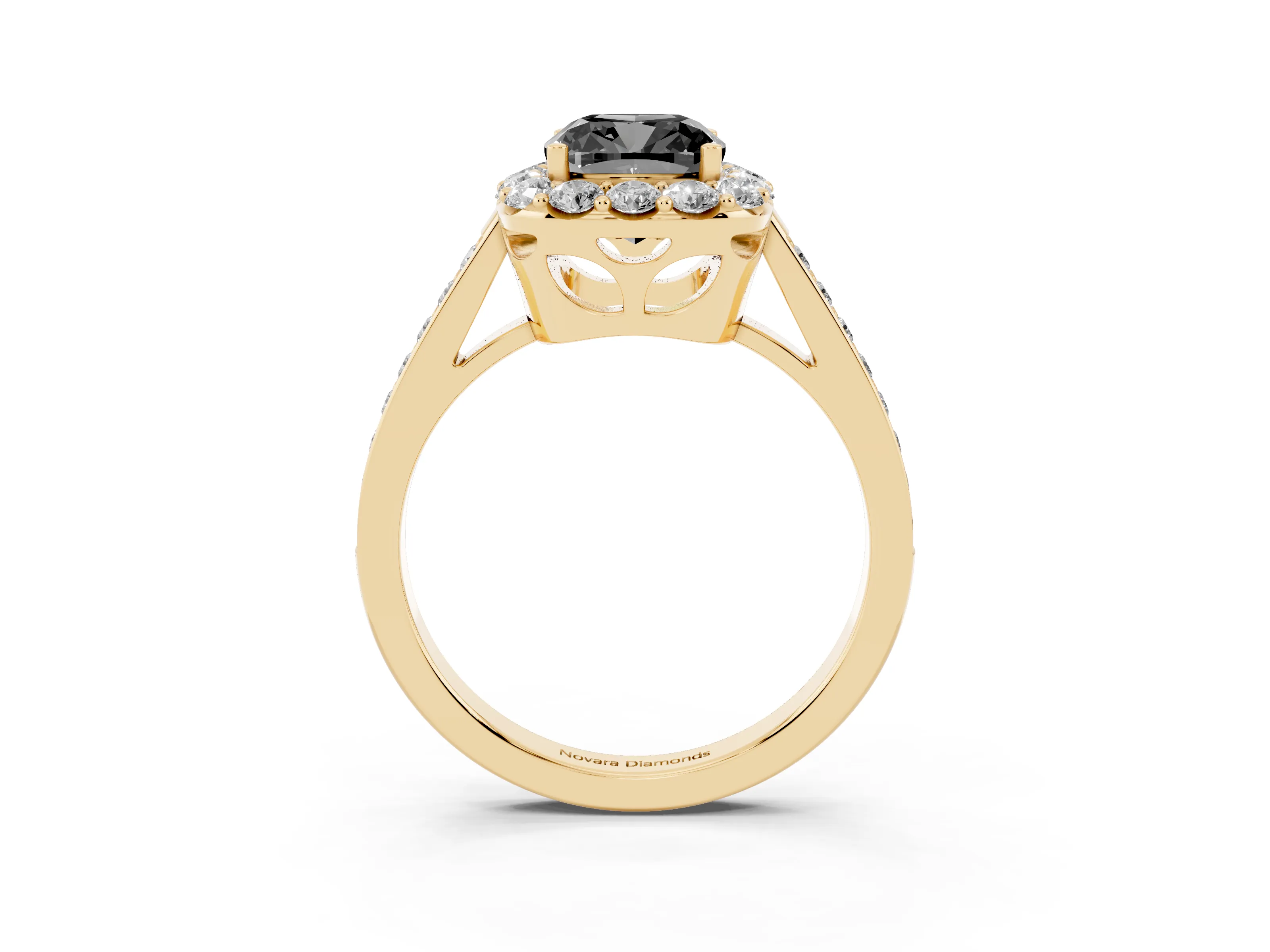 Fancy Black Cushion Cut Diamond Floral Halo Ring Set in Yellow gold with Pavé Band and Prong Setting