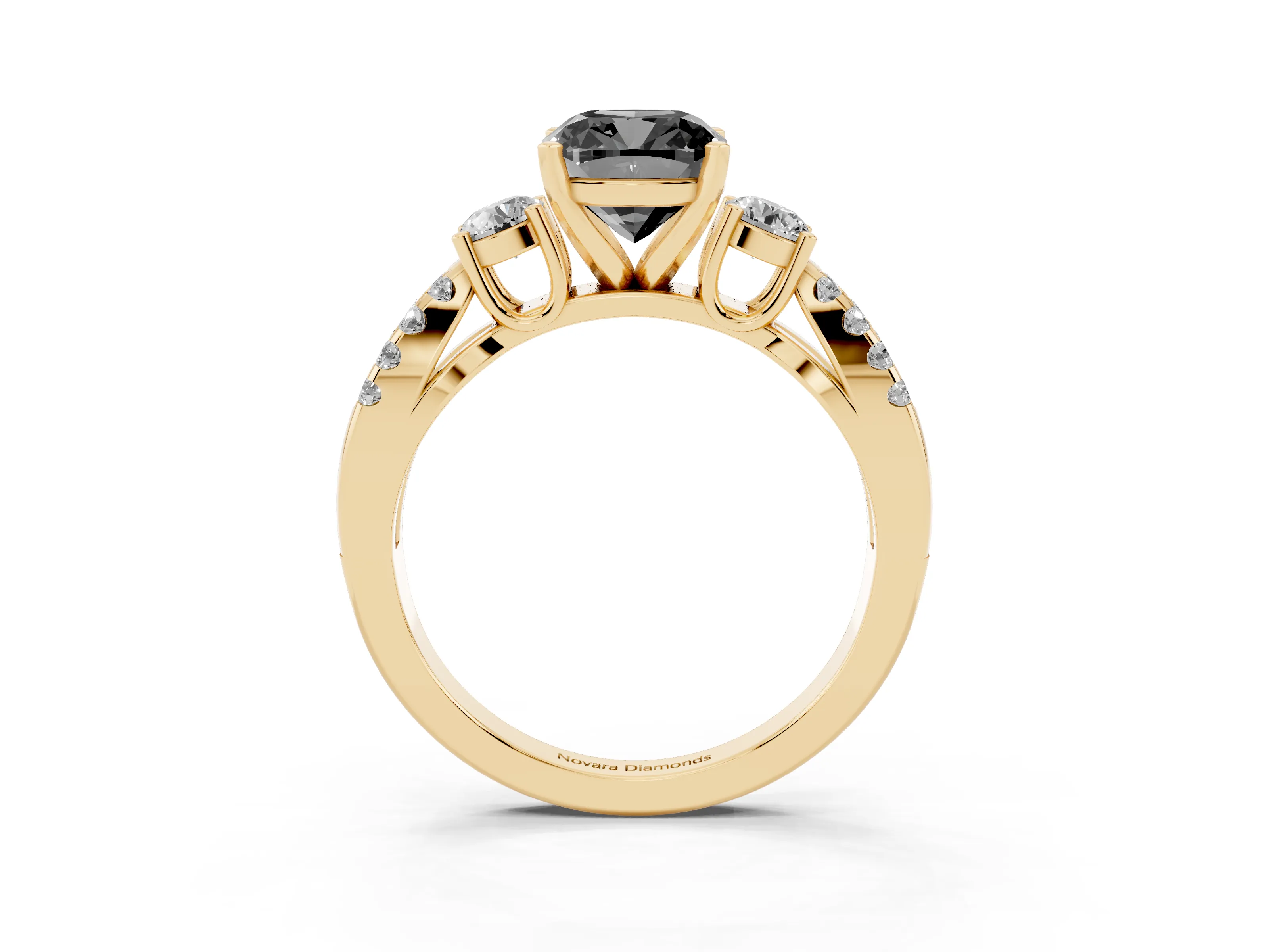 Fancy Black Cushion Cut Diamond Three-Stone Ring Set in Yellow gold with Pavé Split Shank and Prong Setting