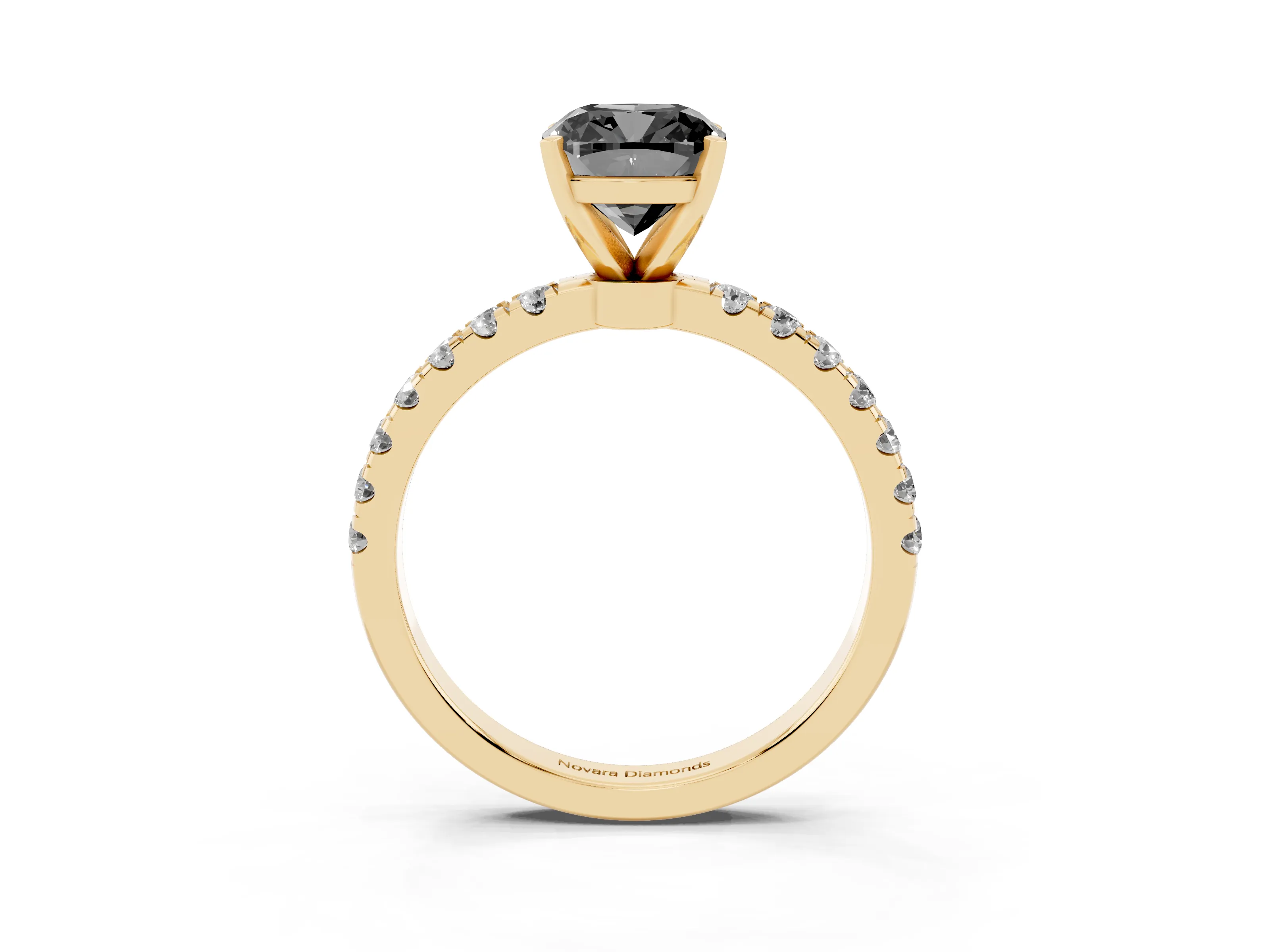 Fancy Black Cushion Cut Diamond Solitaire Ring Set in Yellow gold with Pavé Accents and Prong Setting