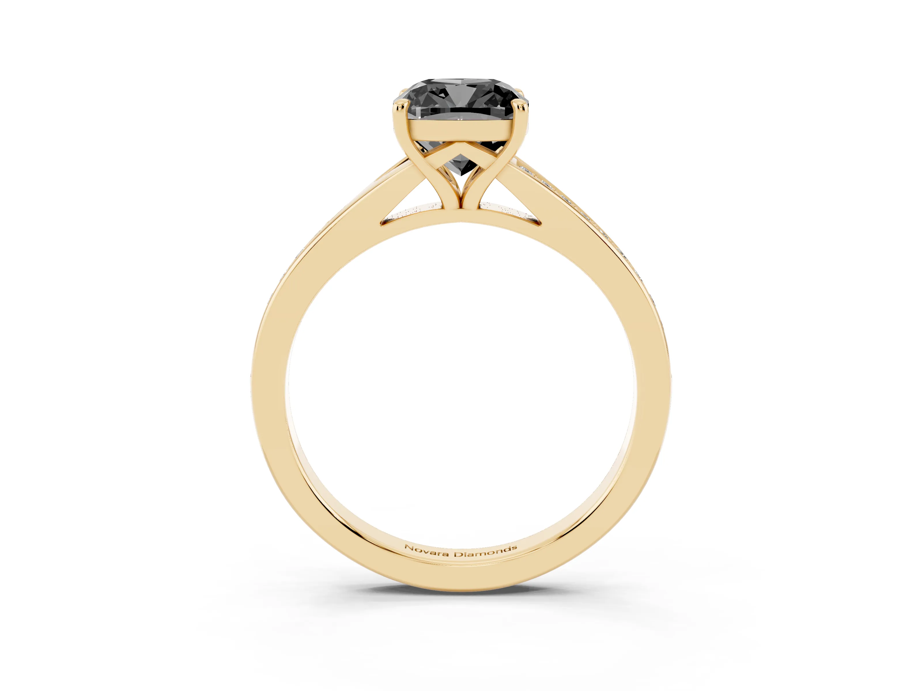 Fancy Black Cushion Cut Diamond Solitaire Ring Set in Yellow gold with Pavé Accent Band and Classic Prong Setting