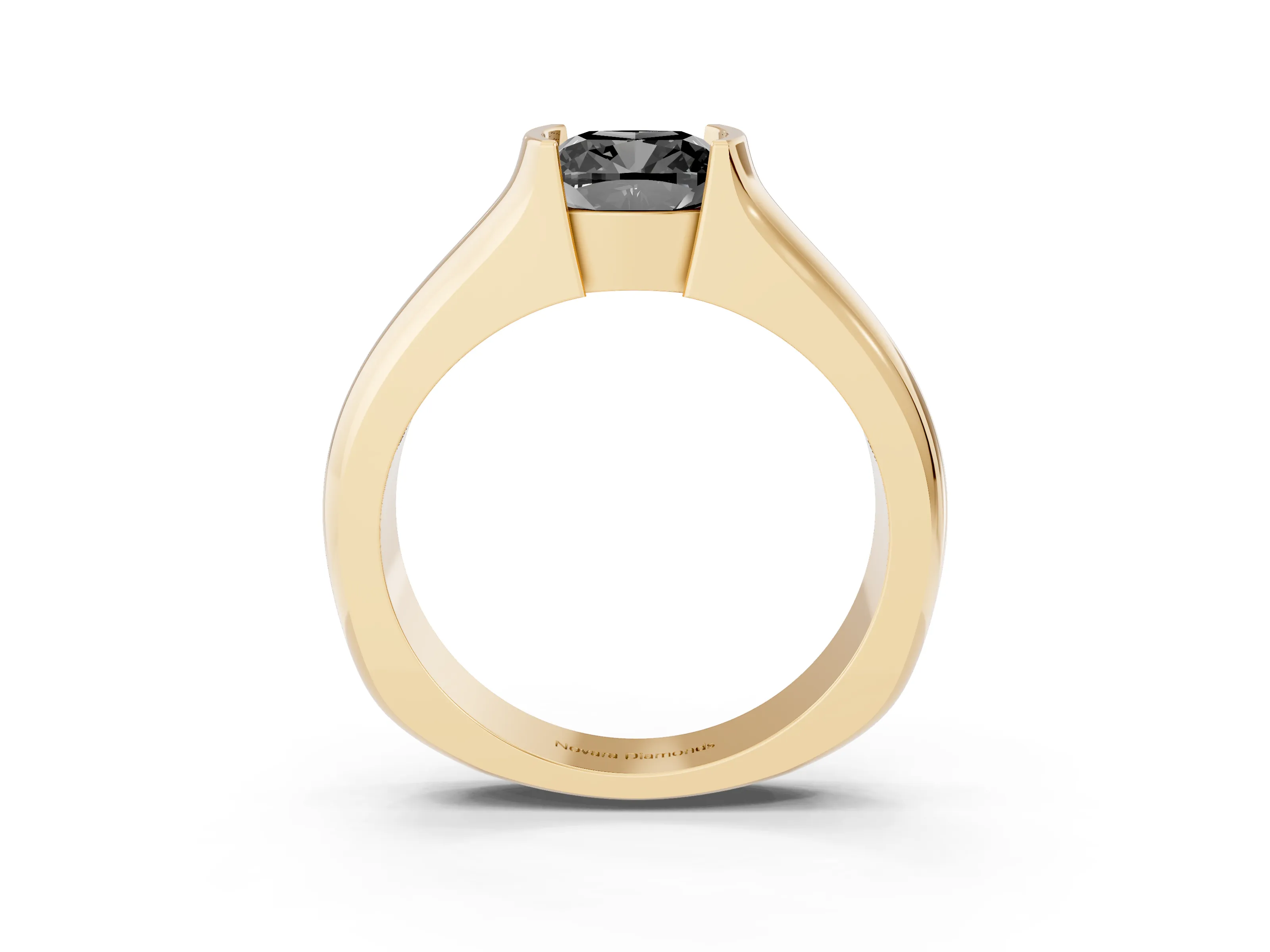 Fancy Black Cushion Cut Diamond Bezel Solitaire Ring Set in Yellow gold with Wide Band