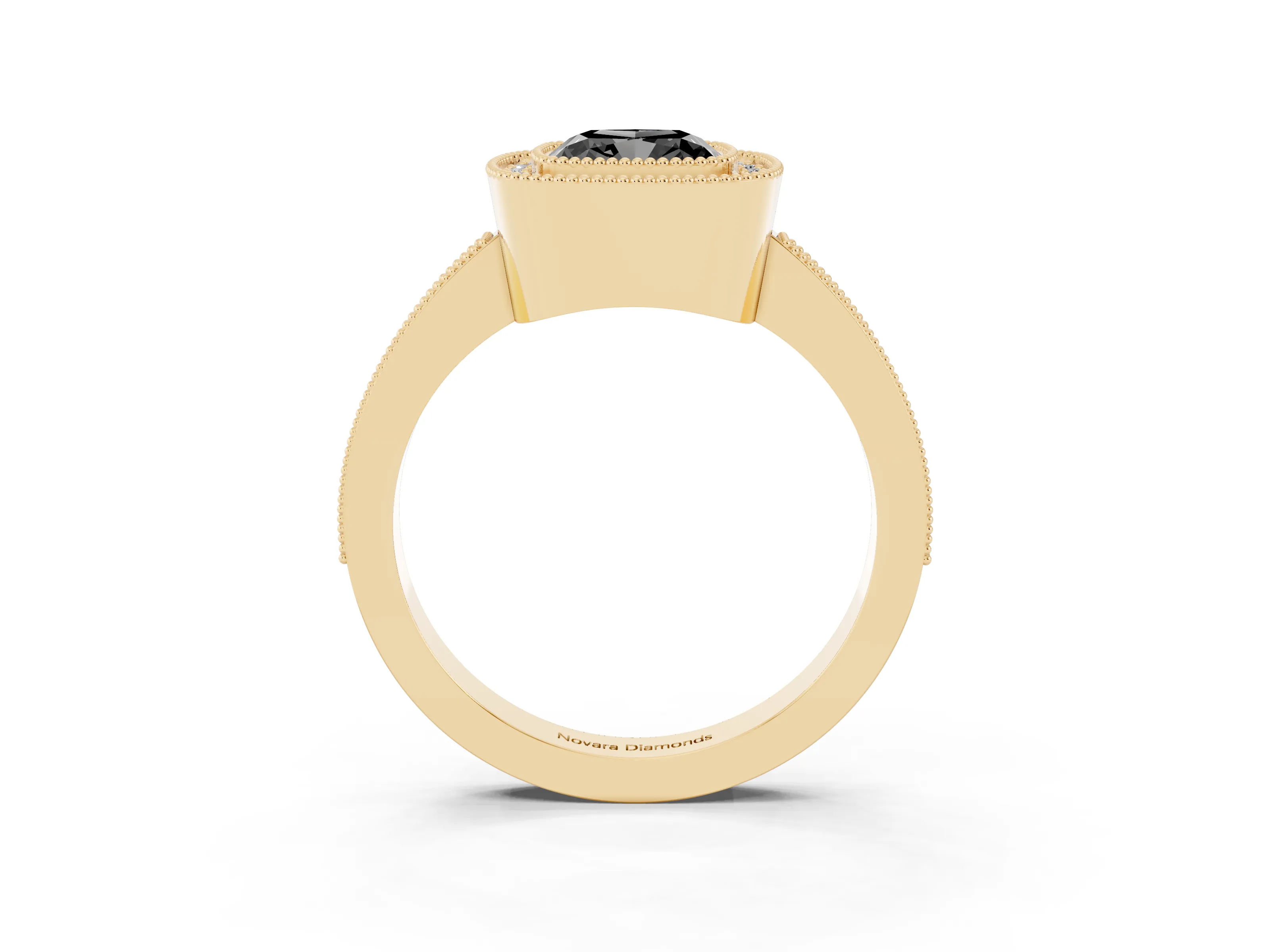 Fancy Black Cushion Cut Diamond Halo Engagement Ring Set in Yellow gold with Pavé Band and Round Halo Stones