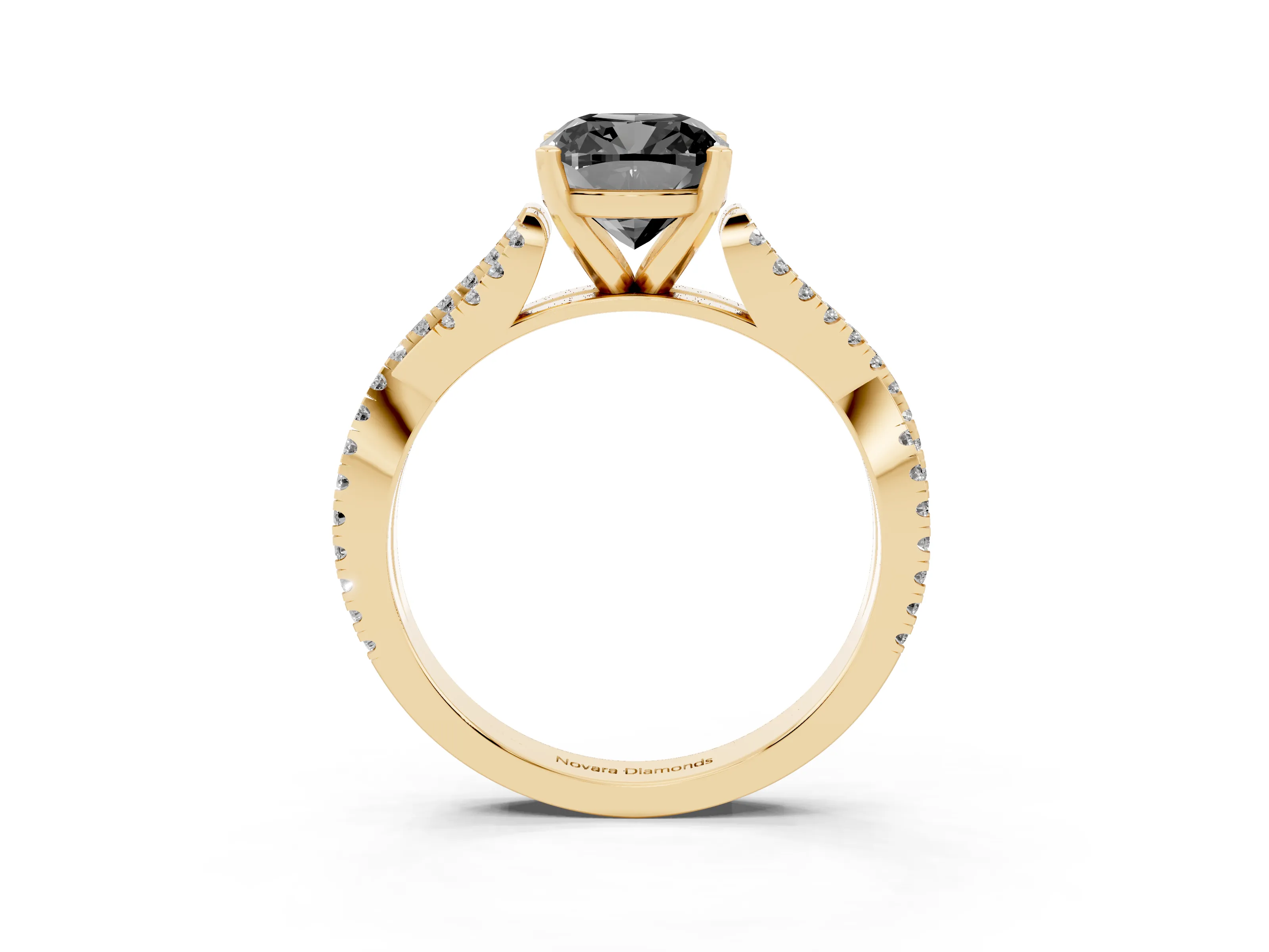 Fancy Black Cushion Cut Diamond Solitaire Engagement Ring Set in Yellow gold with Twisted Pavé Band and Prong Setting