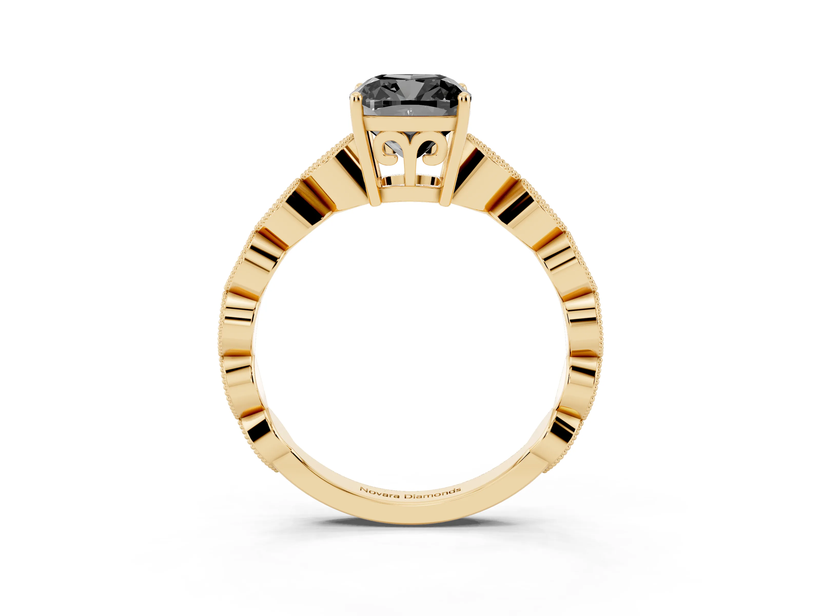 Fancy Black Cushion Cut Diamond Solitaire Ring Set in Yellow gold with Infinity Twist Pavé Band