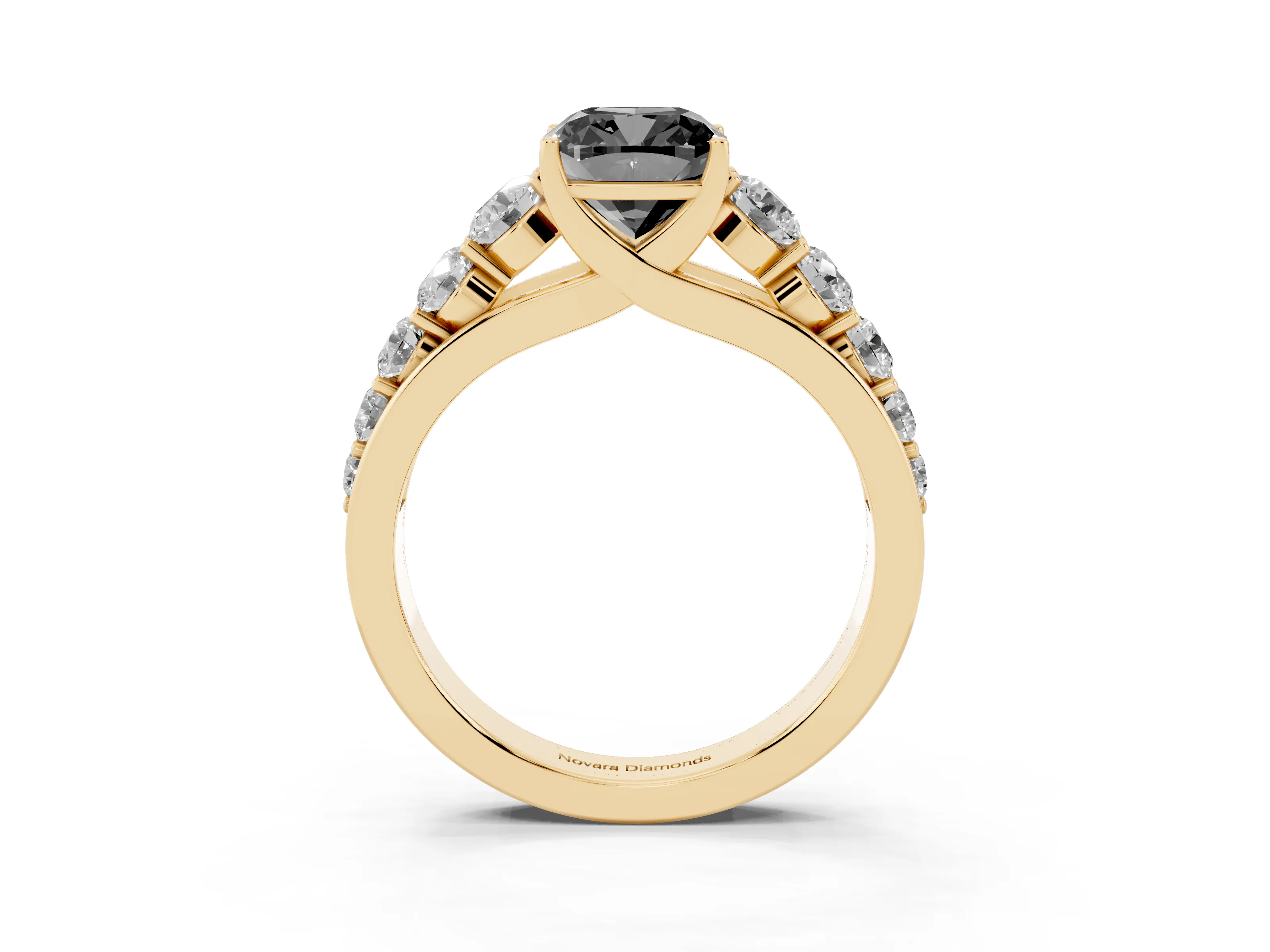 Fancy Black Cushion Cut Diamond Solitaire Ring Set in Yellow gold with Pavé-Set Band and Prong Setting