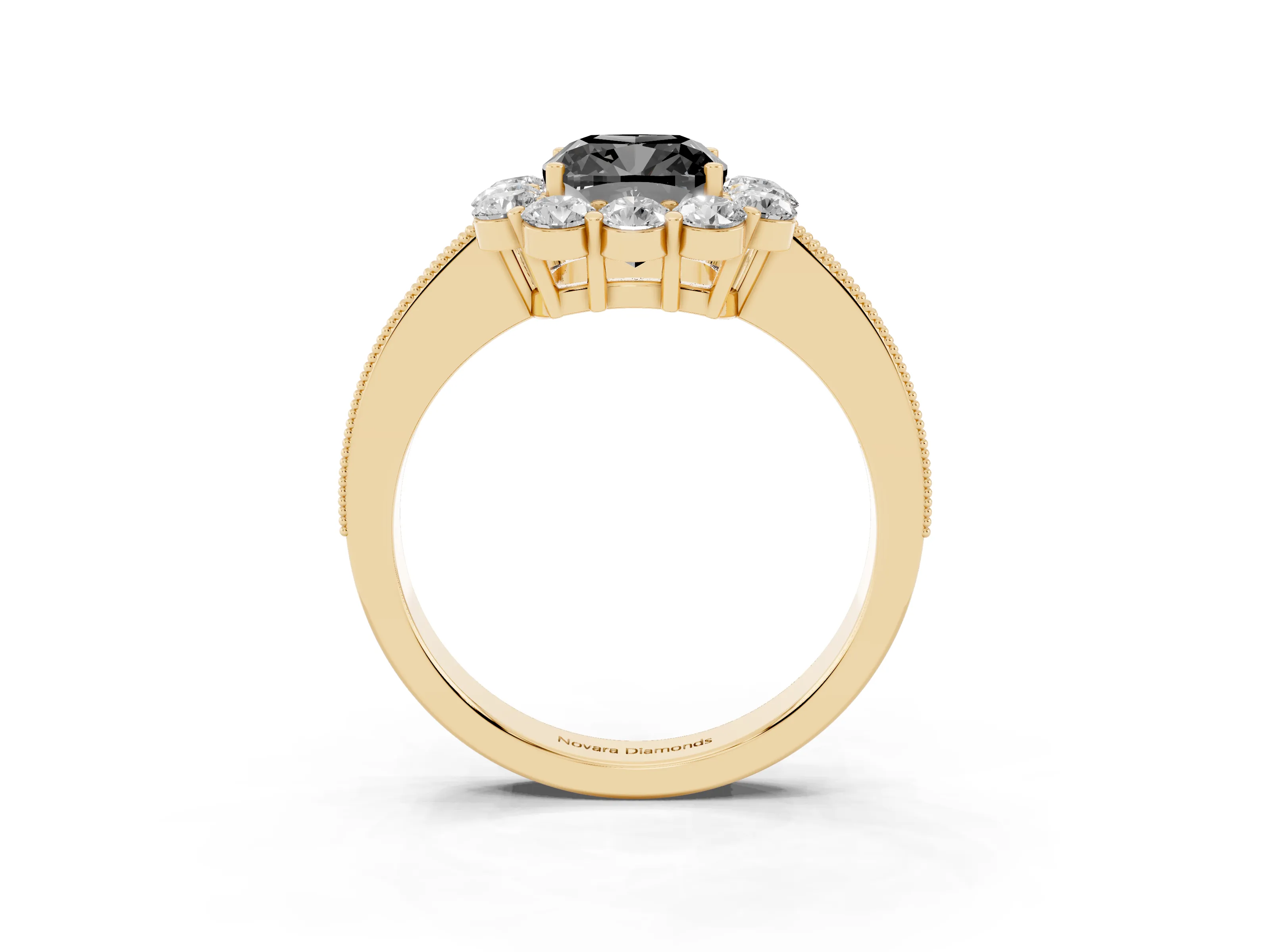 Fancy Black Cushion Cut Diamond Halo Pavé Engagement Ring Set in Yellow gold with Milgrain Detailing
