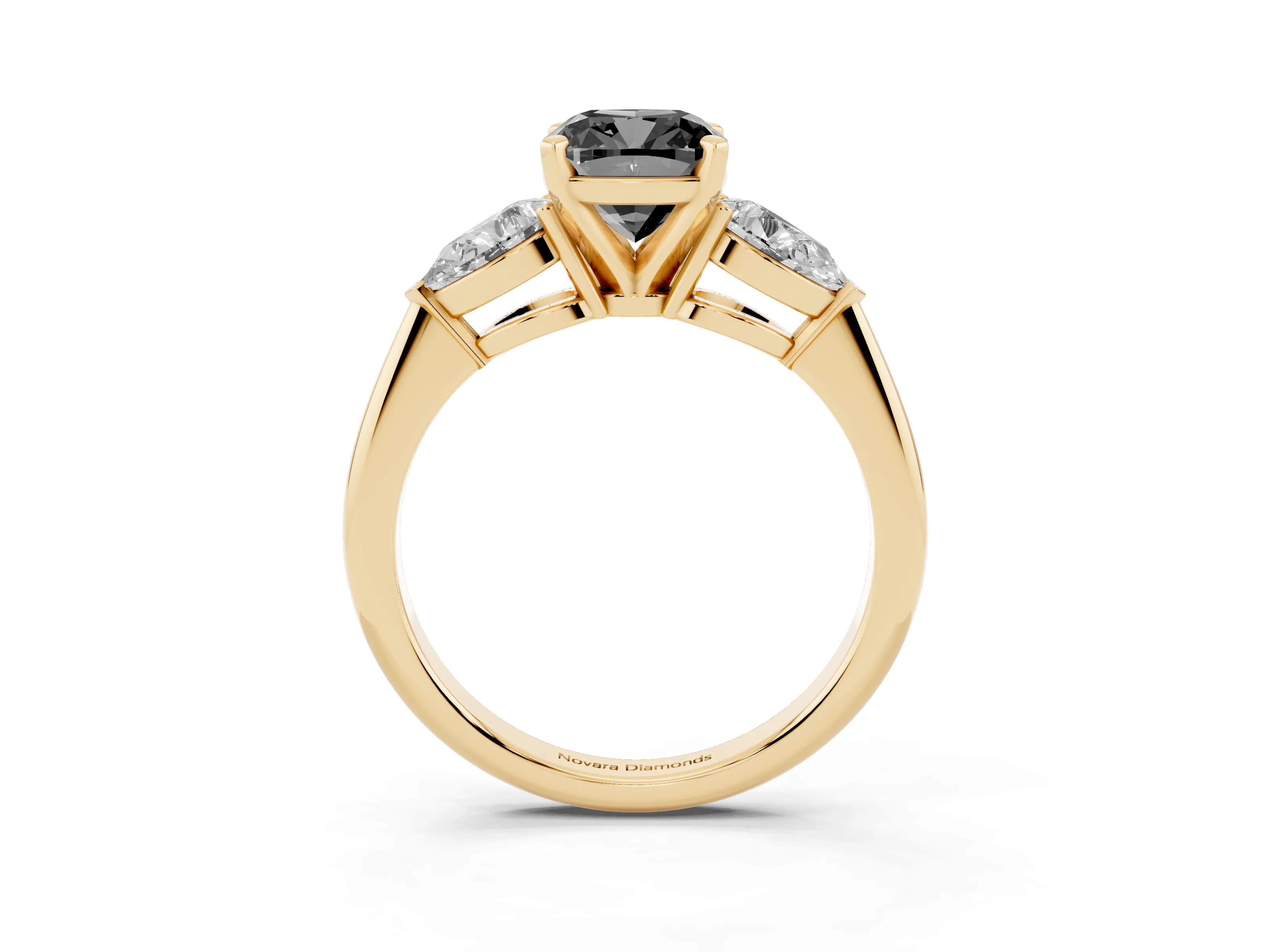 Fancy Black Three-Stone Cushion Cut Diamond Ring Set in Yellow gold with Pear Side Stones and Prong Setting