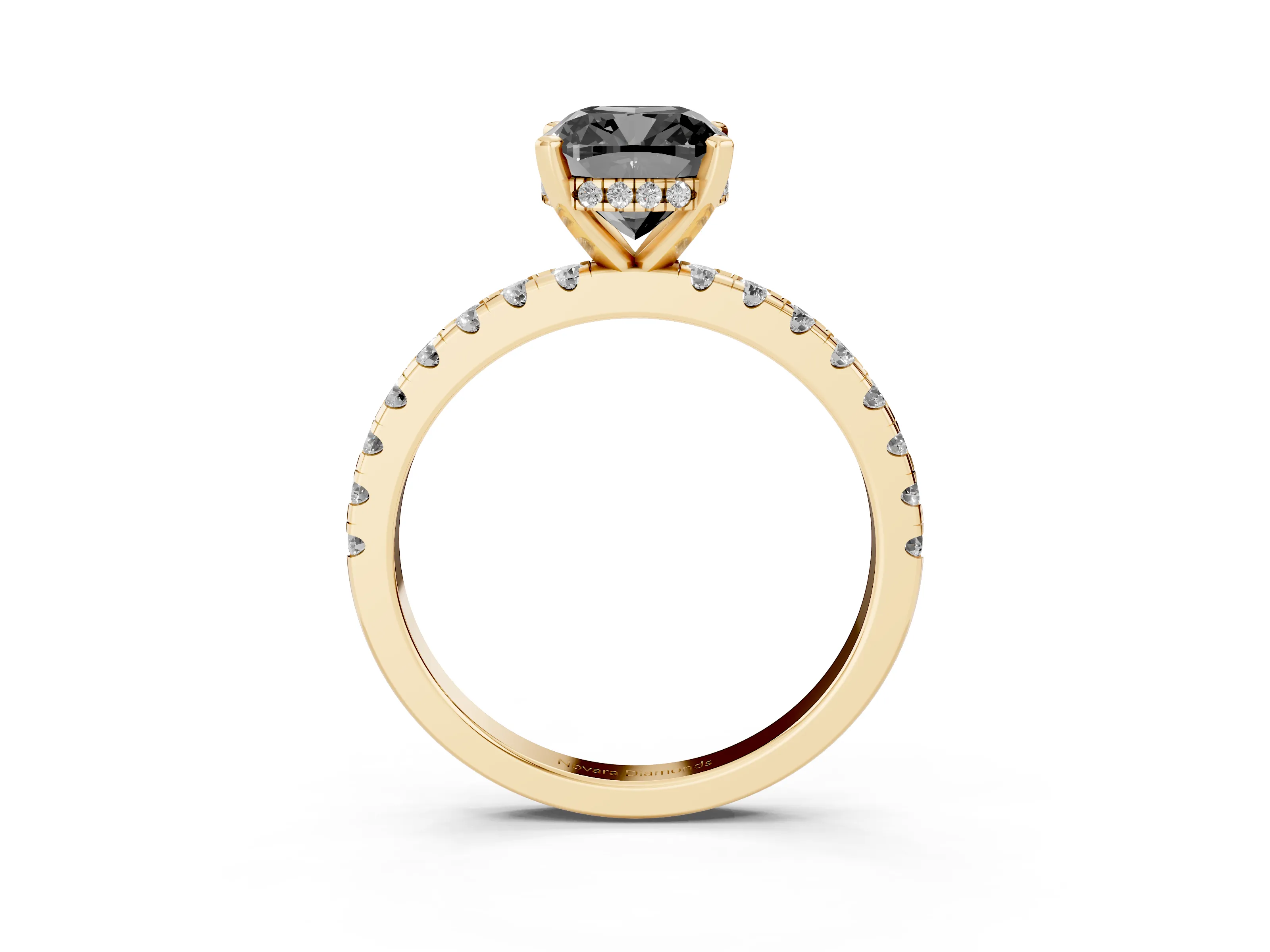 Fancy Black Cushion Cut Diamond Pavé Solitaire Ring Set in Yellow gold with Round Band Accents and Prong Setting