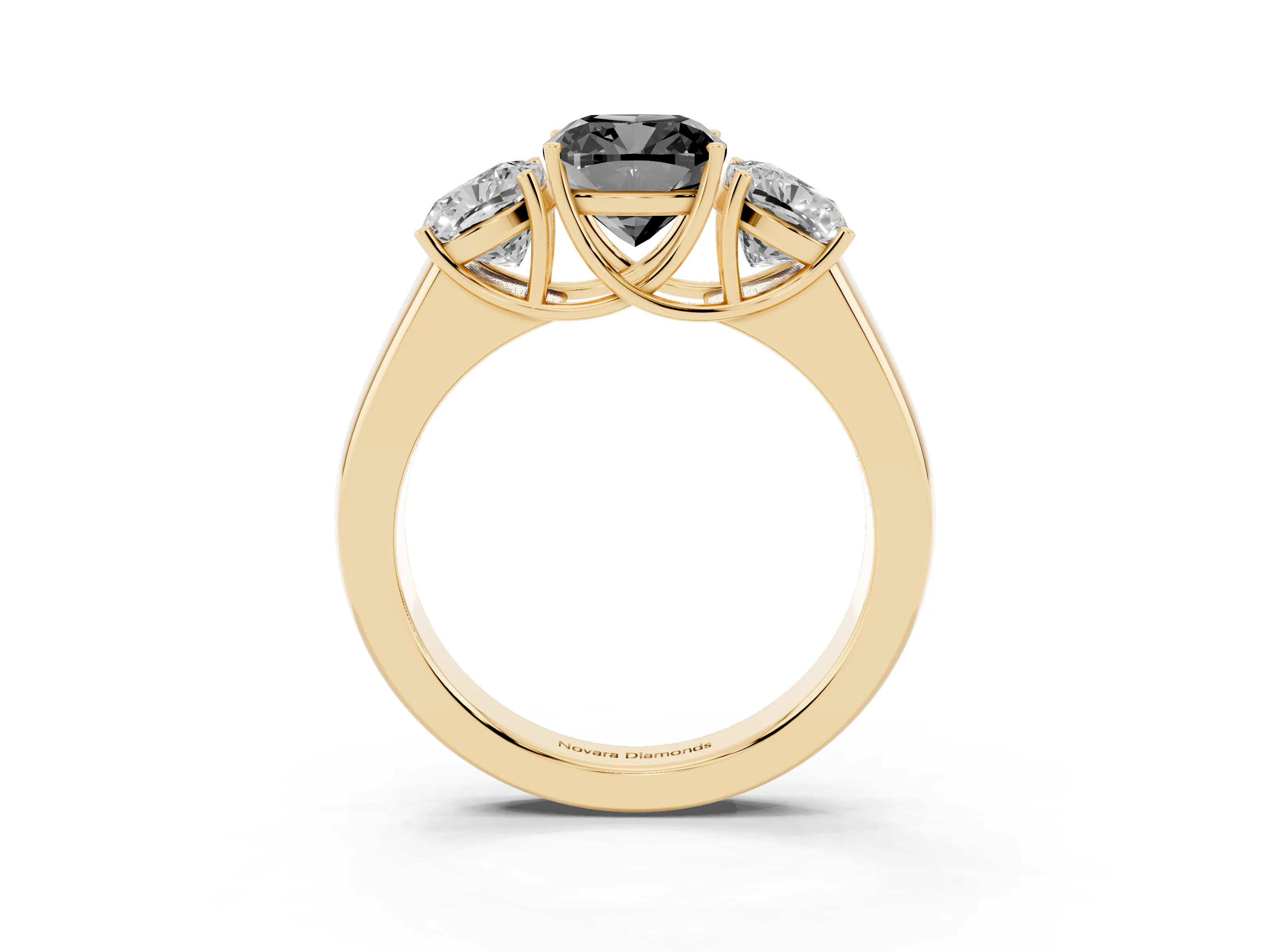 Fancy Black Three-Stone Cushion Cut Diamond Ring Set in Yellow gold with Matching Prong Settings and Plain Band