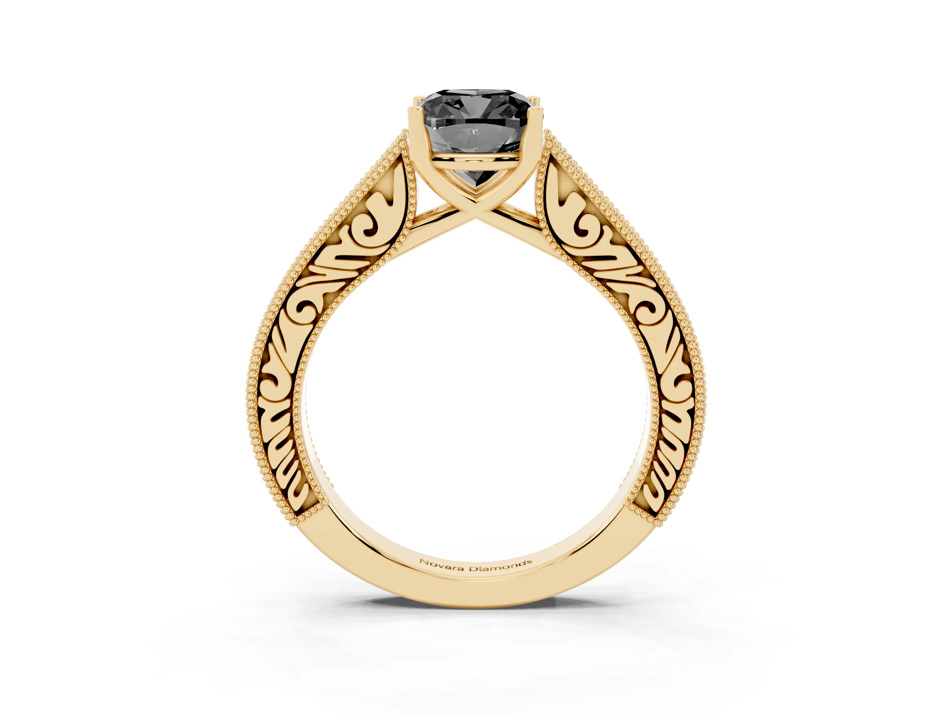 Fancy Black Cushion Cut Diamond Milgrain Pavé Band Solitaire Ring Set in Yellow gold with Prong Setting