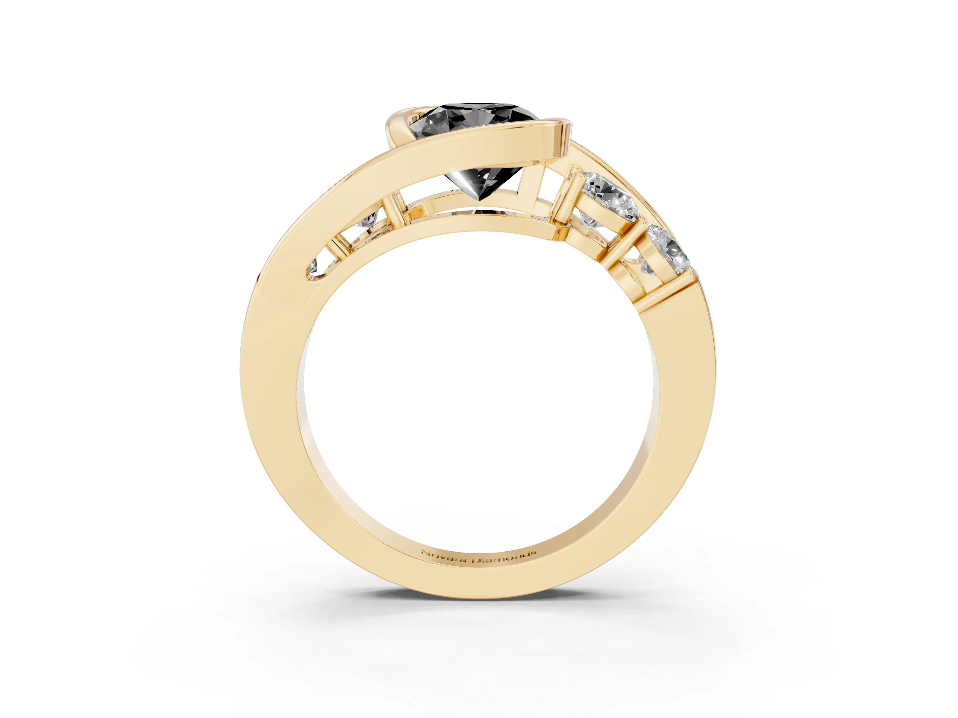 Fancy Black Cushion Cut Diamond Bezel Bypass Ring Set in Yellow gold with Round Accents