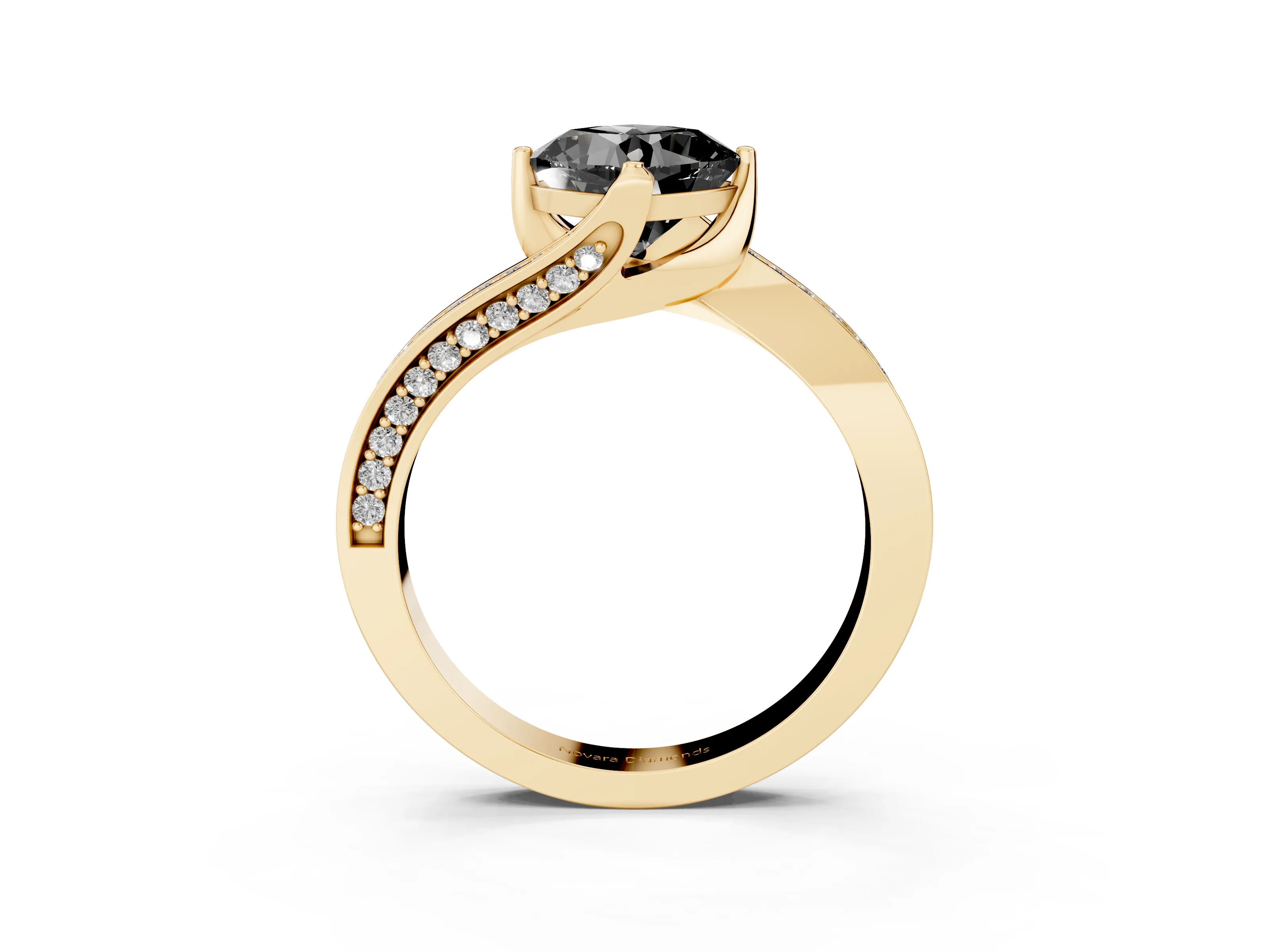 Fancy Black Cushion Cut Diamond Solitaire Ring Set in Yellow gold with Intertwined Pavé Twist Band