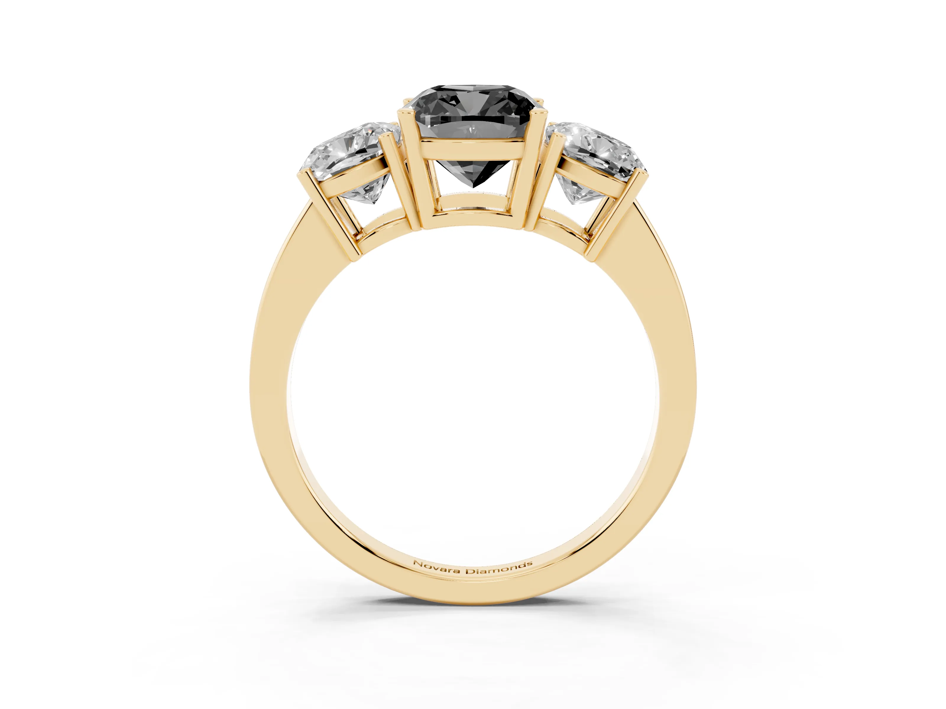 Fancy Black Cushion Cut Diamond Three-Stone Engagement Ring Set in Yellow gold with Flat Band