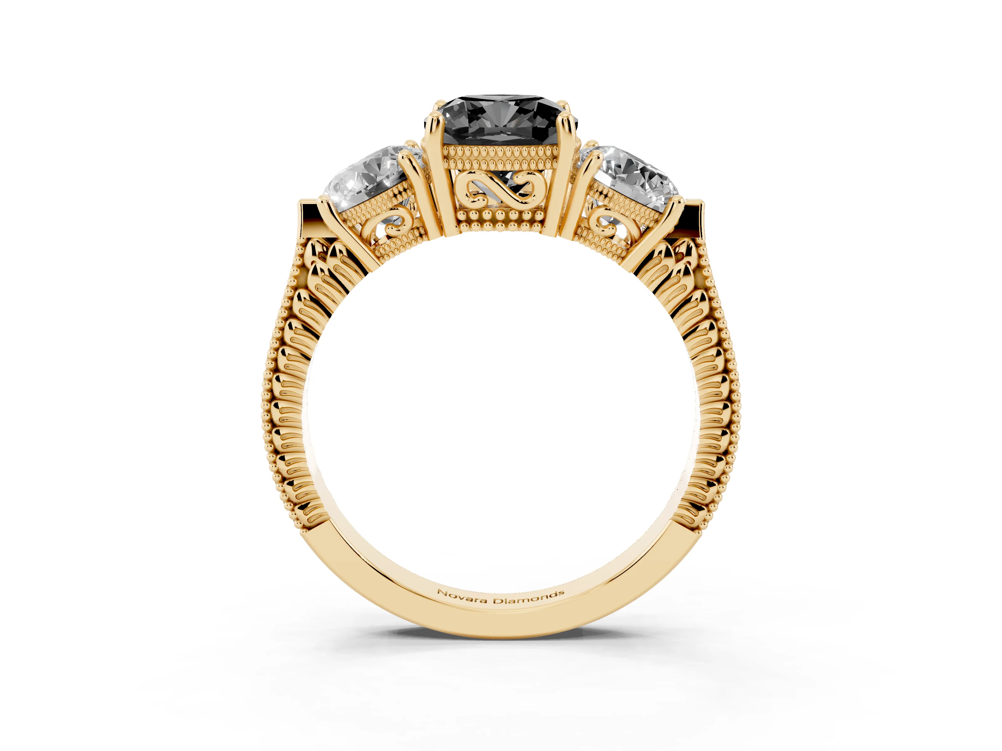 Fancy Black Cushion Cut Diamond Three-Stone Ring Set in Yellow gold with Milgrain Band
