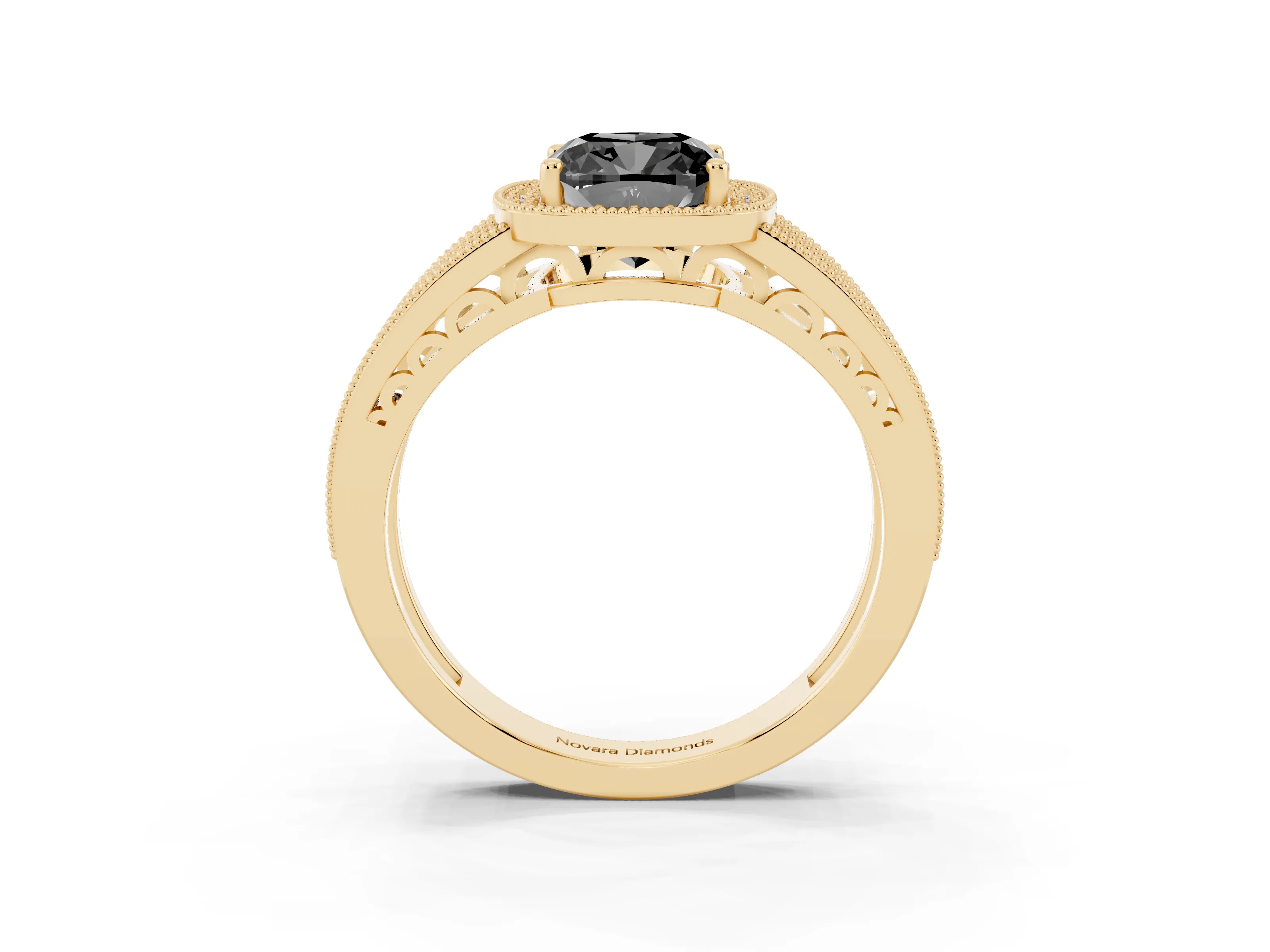 Fancy Black Cushion Cut Diamond Halo Ring Set in Yellow gold with Accent Split Shank and Prong Setting