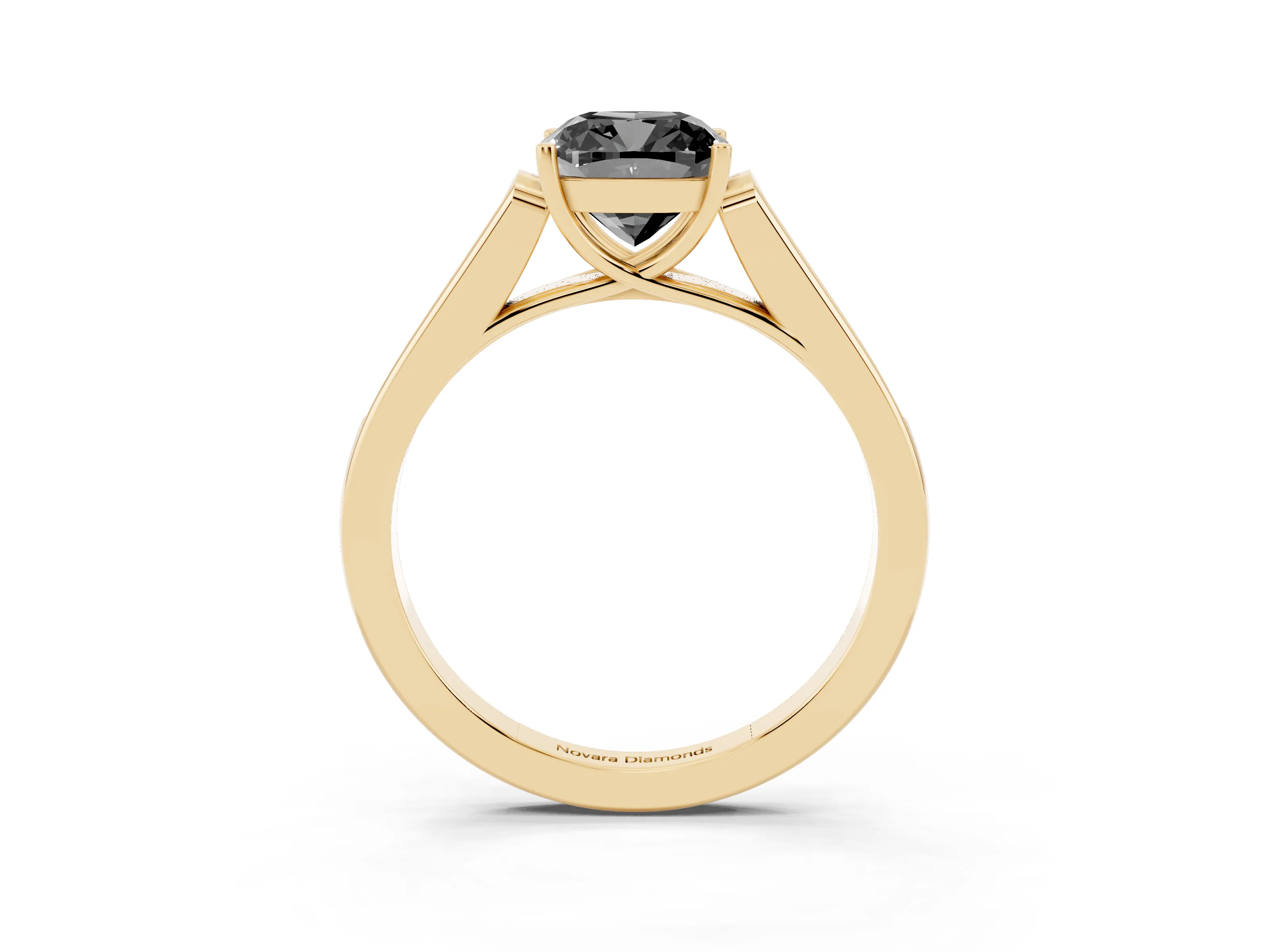 Fancy Black Cushion Cut Diamond Solitaire Cathedral Engagement Ring Set in Yellow gold with Channel-Set Band and Prong Setting
