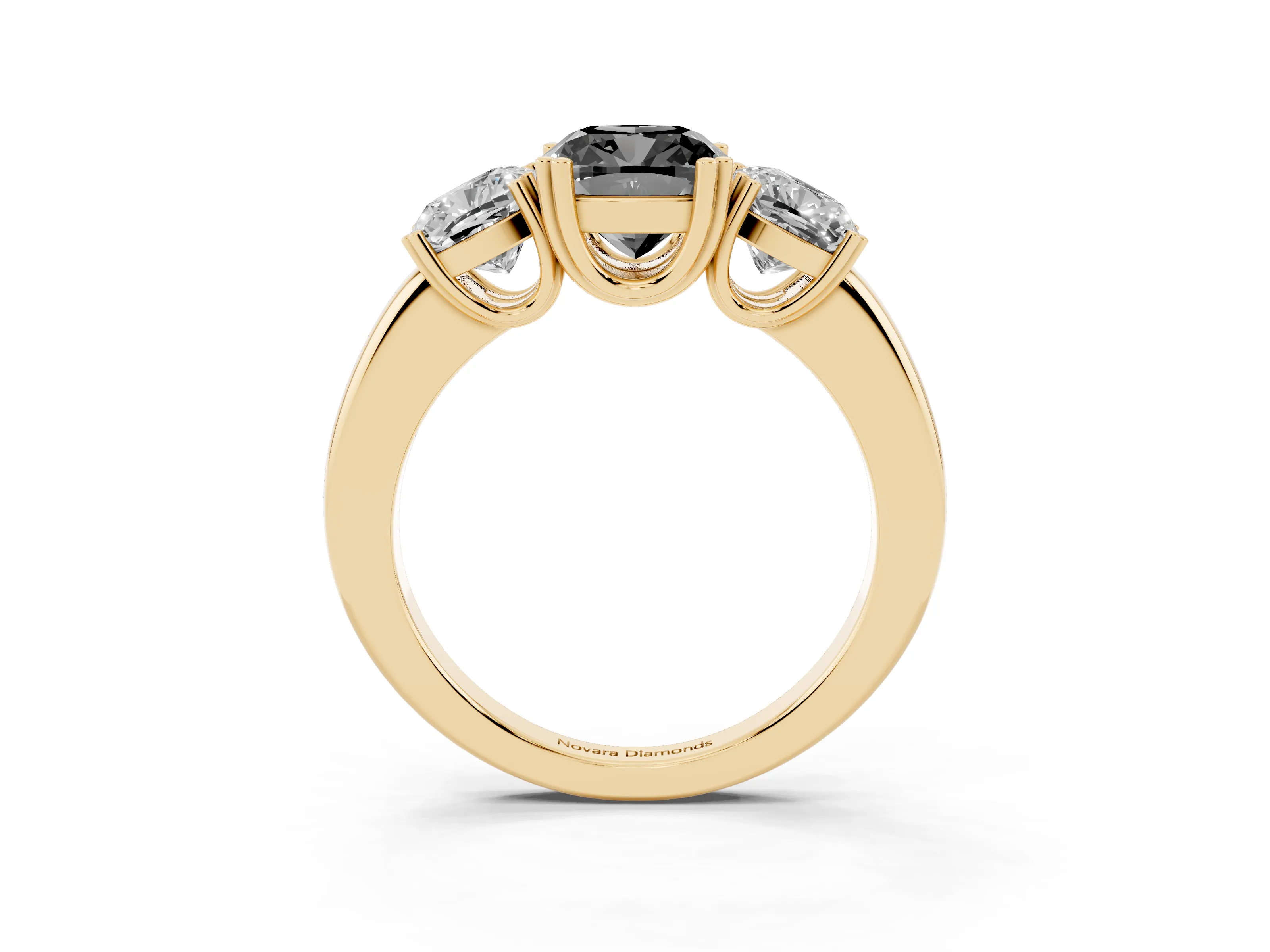 Fancy Black Cushion Cut Diamond Three-Stone Ring Set in Yellow gold with Polished Band and Prong Setting