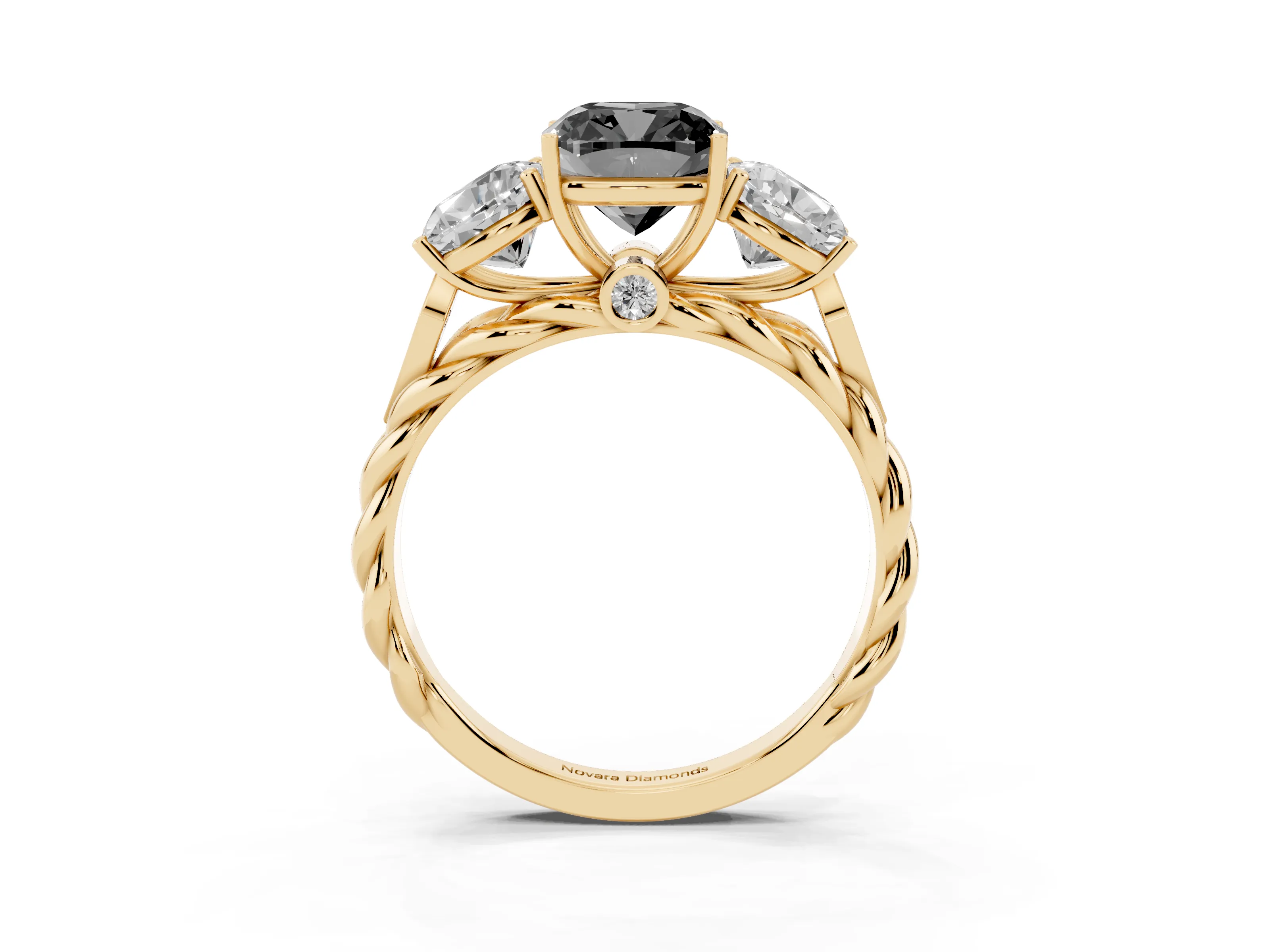 Fancy Black Cushion Cut Diamond Three-Stone Ring Set in Yellow gold with Braided Band
