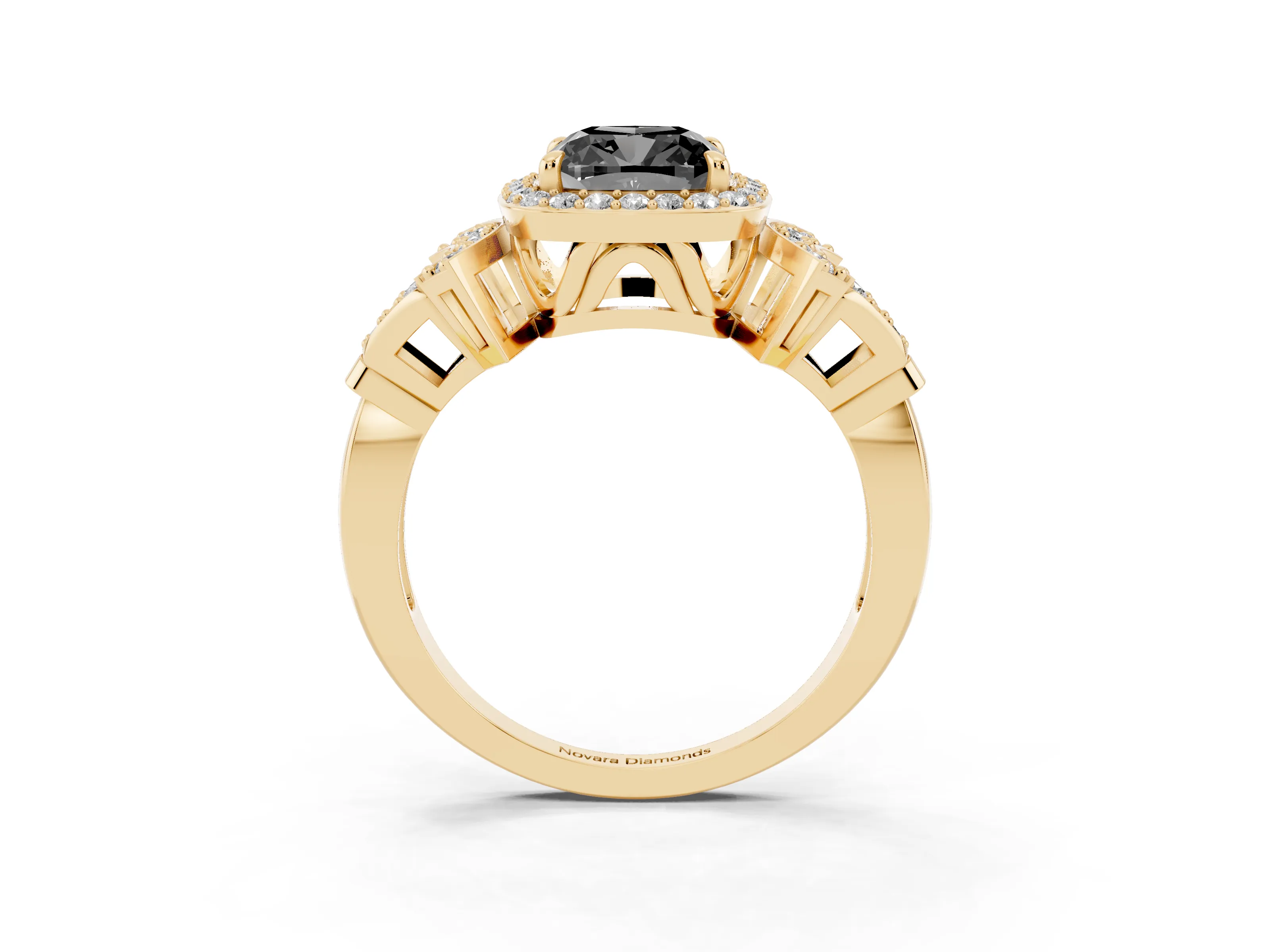 Fancy Black Cushion Cut Diamond Halo Engagement Ring Set in Yellow gold with Accent Stone Split Shank