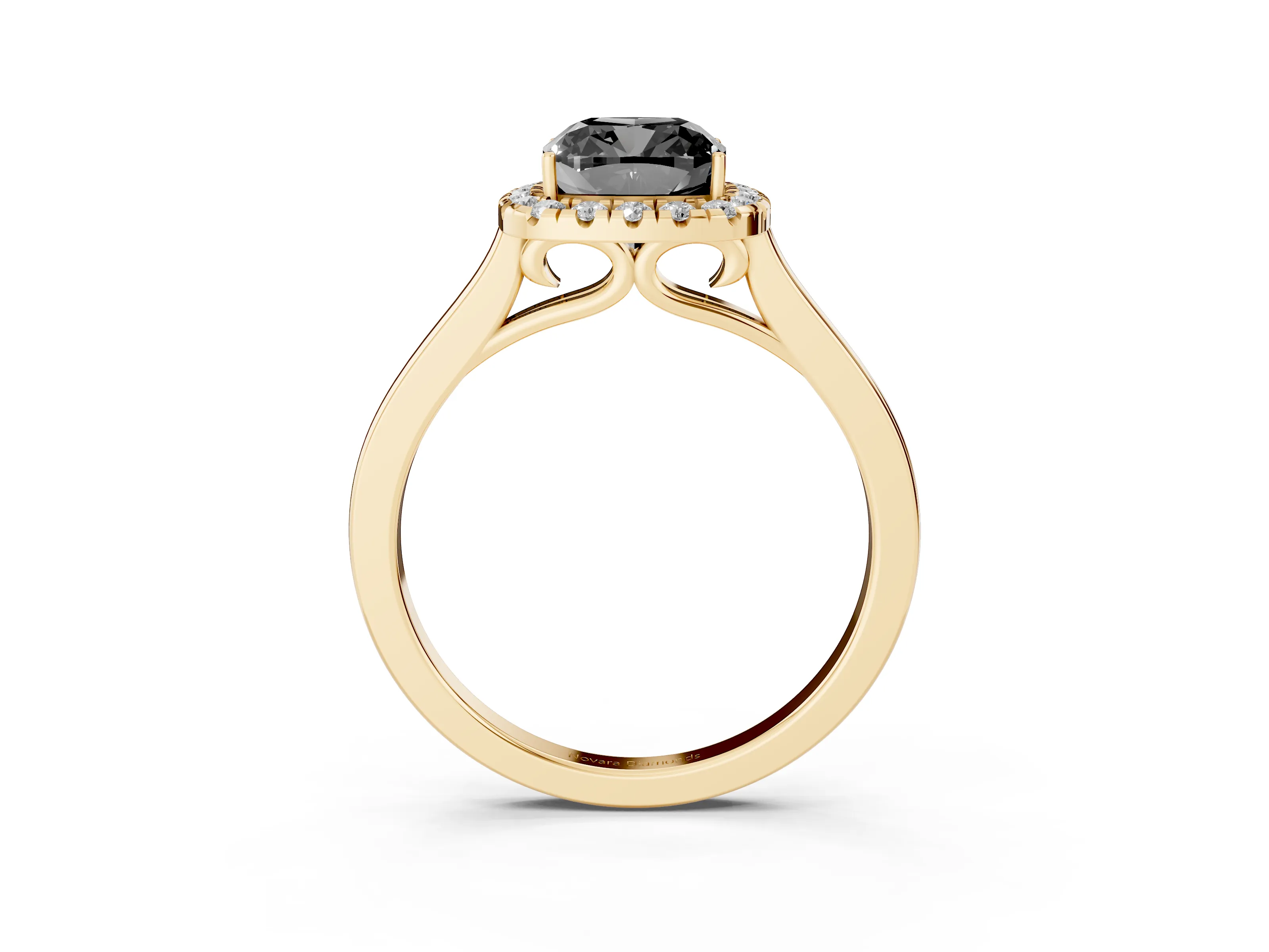Fancy Black Cushion Cut Halo Round Diamond Solitaire Ring Set in Yellow gold with Pavé Band and Prong Setting