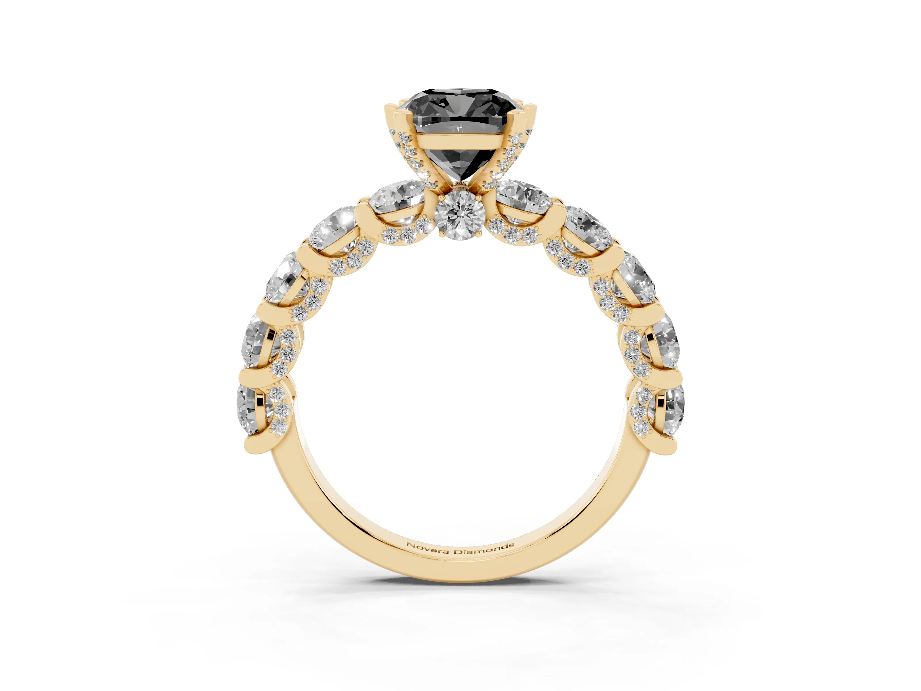 Fancy Black Cushion Cut Diamond Side Stone Ring Set in Yellow gold with Alternating Round and Oval Side Stones