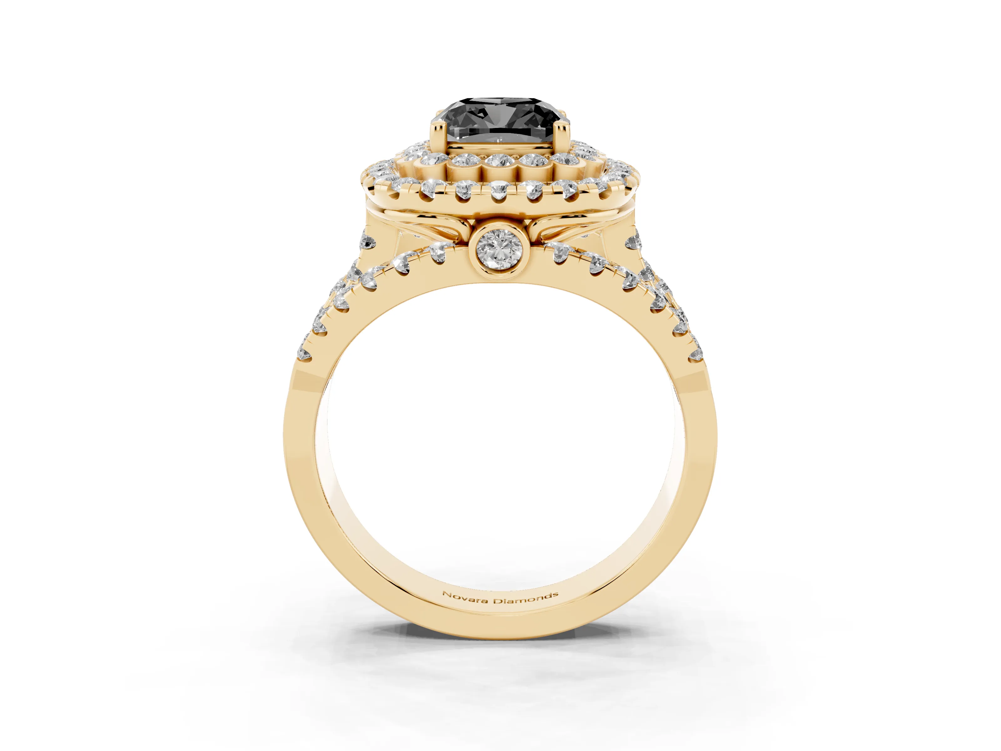 Fancy Black Cushion Cut Diamond Double Halo Ring Set in Yellow gold with Round Pavé Split Shank