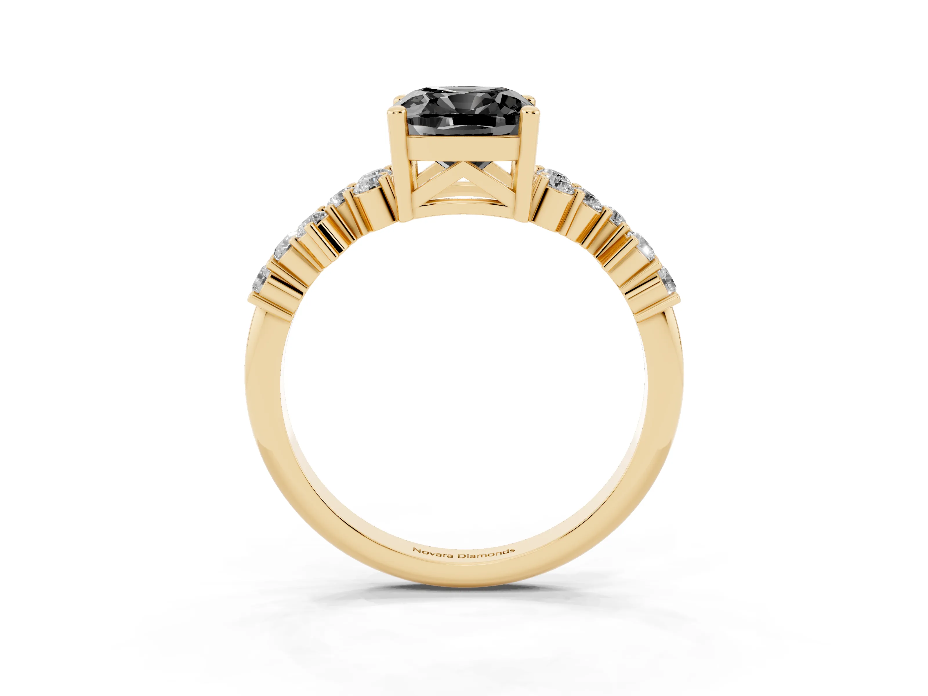 Fancy Black Cushion Cut Diamond Ring Set in Yellow gold with Scattered Round Accents