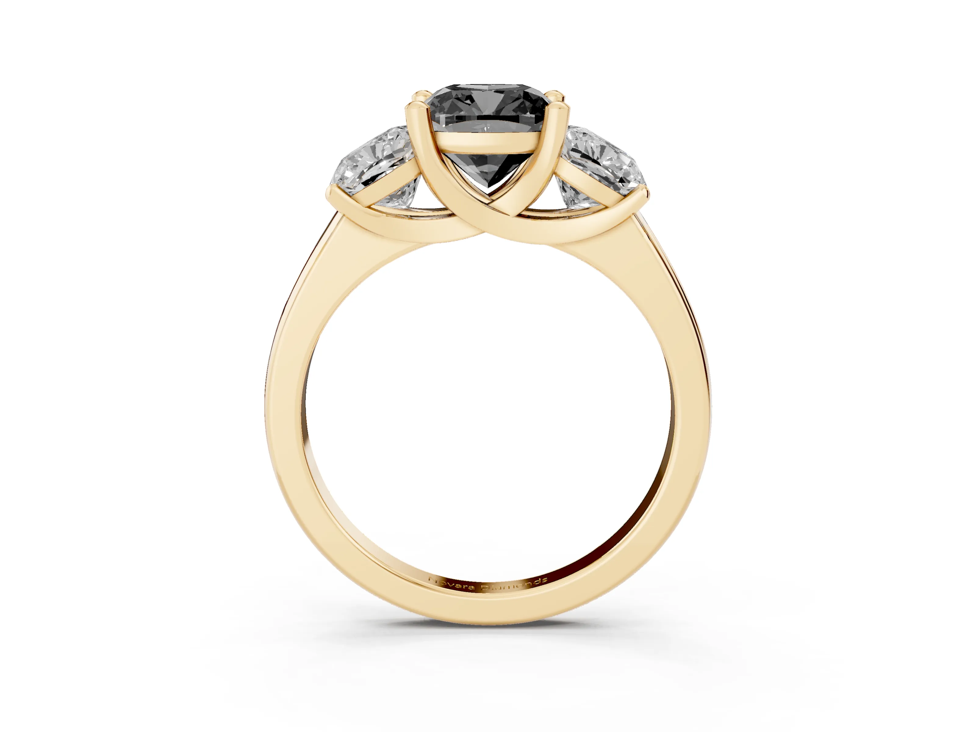 Fancy Black Cushion Cut Diamond Three-Stone Ring Set in Yellow gold with Classic Prong Setting and Plain Band