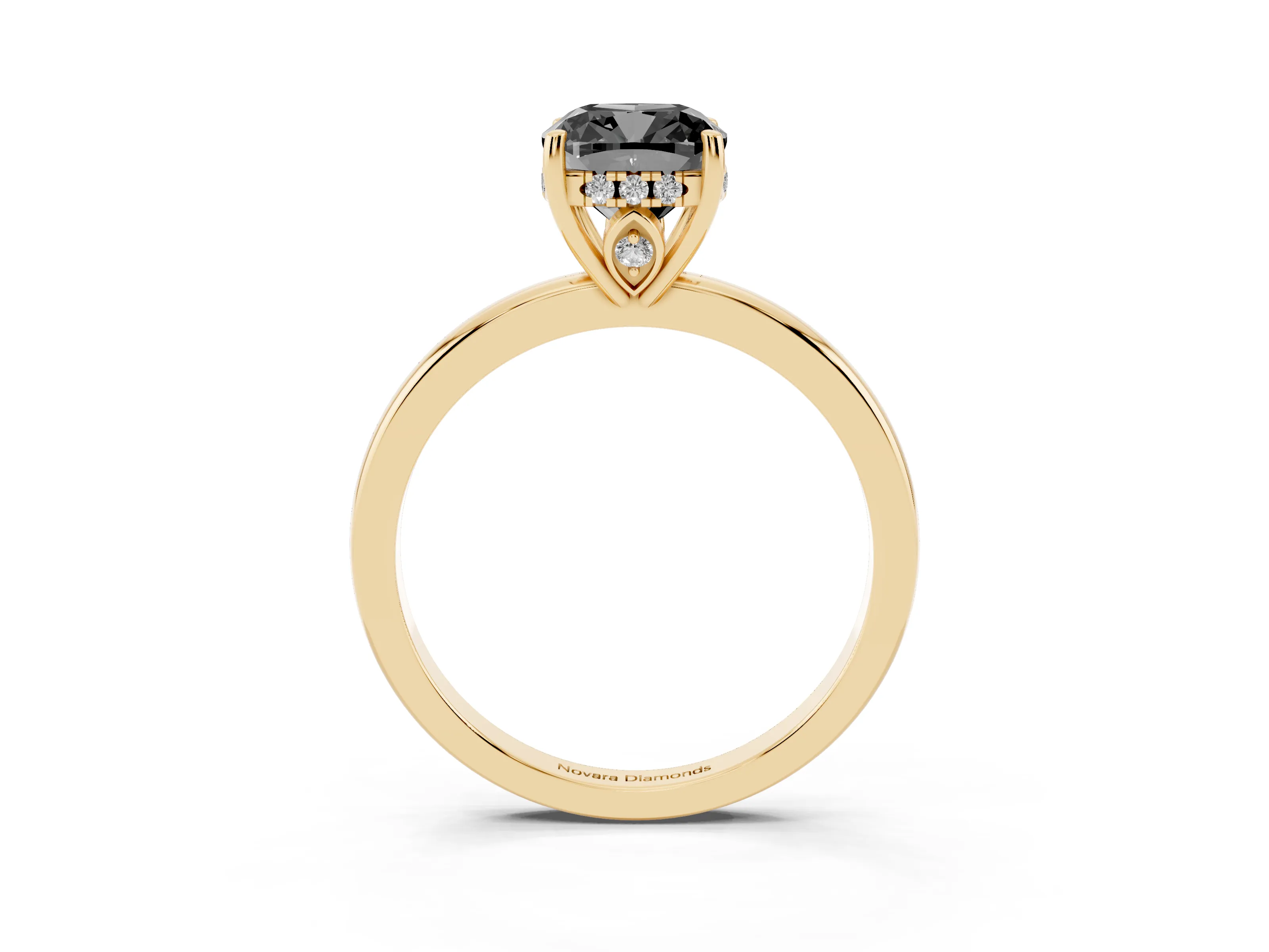 Fancy Black Cushion Cut Diamond Solitaire Ring Set in Yellow gold with Plain Band and Prong Setting