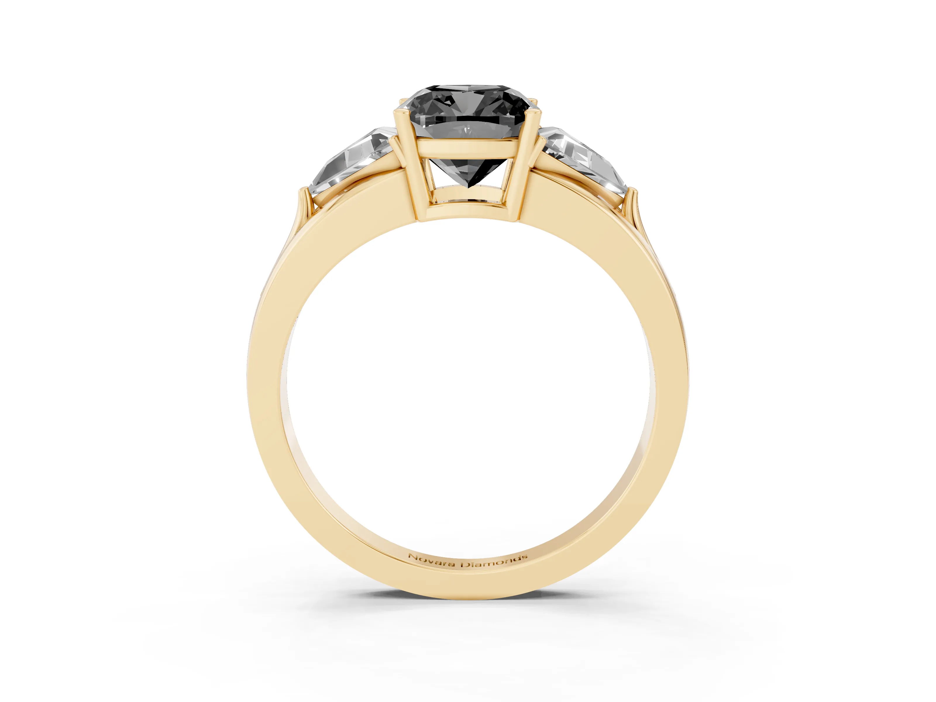 Fancy Black Cushion Cut Diamond Three-Stone Ring Set in Yellow gold with Trillion Side Stones and Split Shank