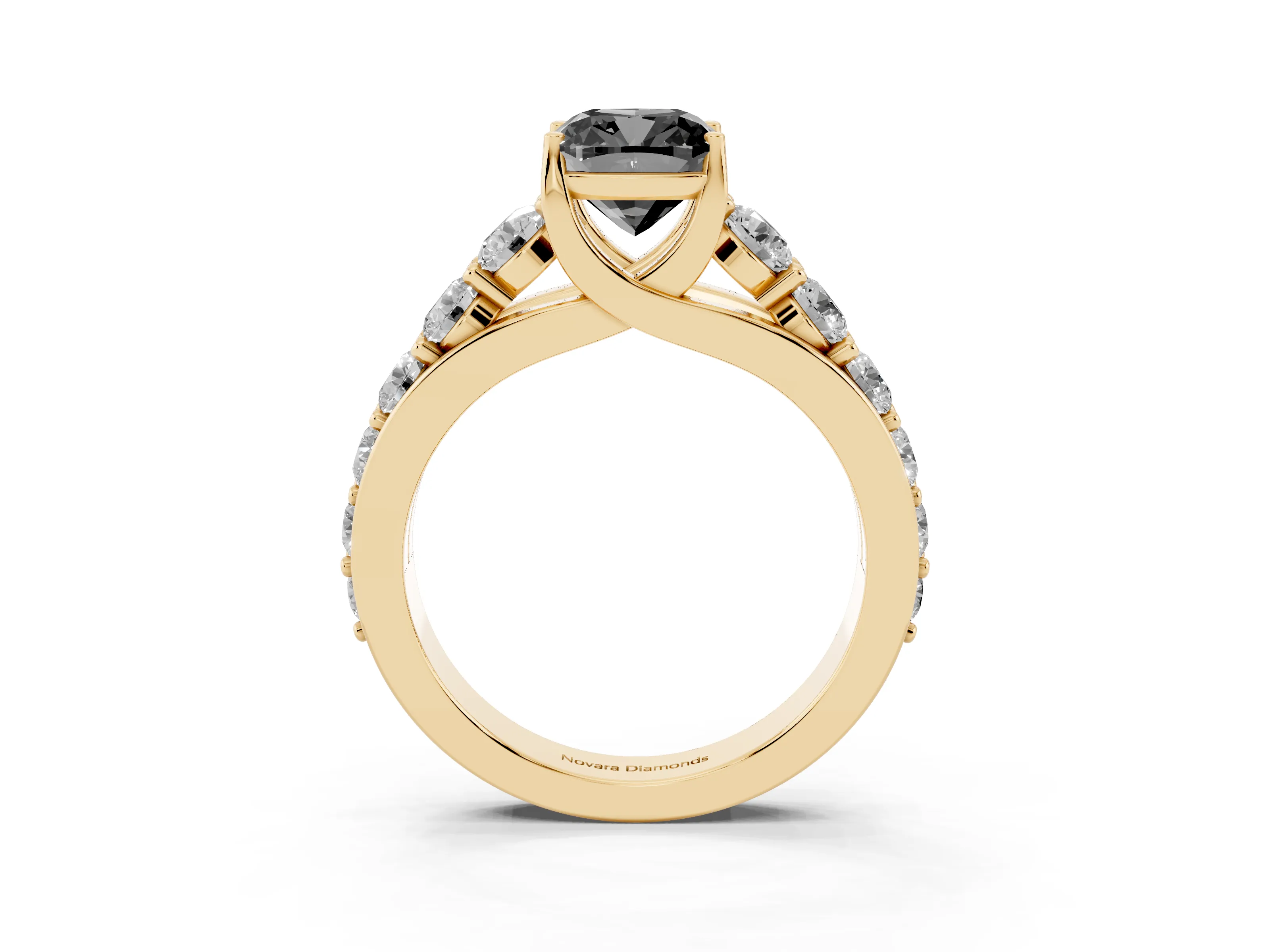 Fancy Black Cushion Cut Diamond Pavé Engagement Ring Set in Yellow gold with Prong Setting