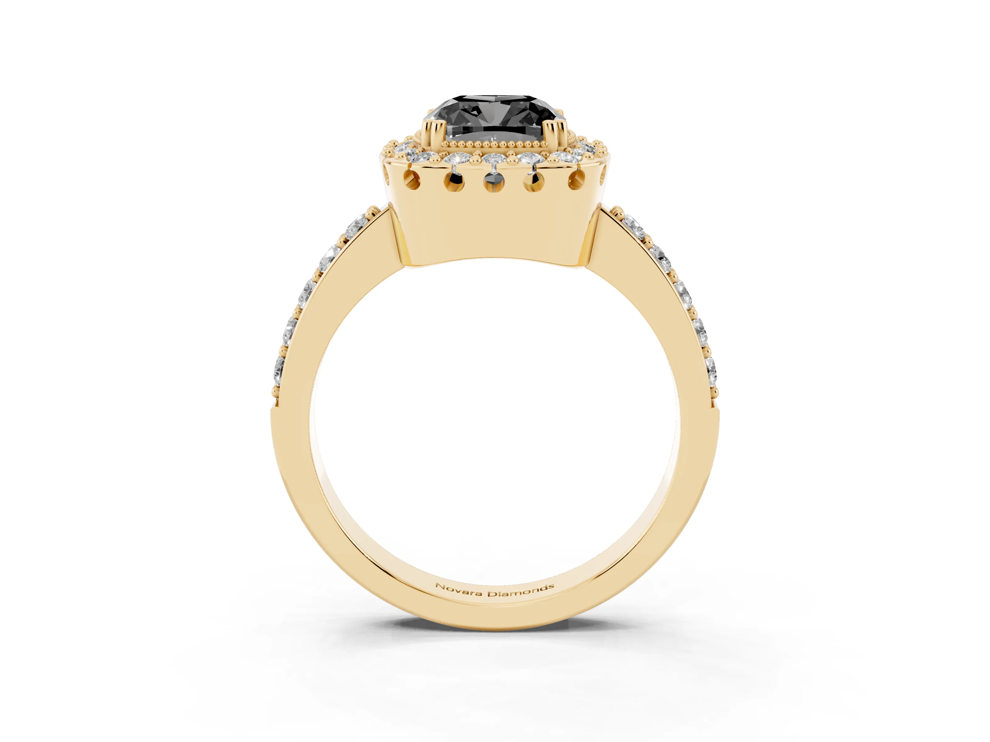 Fancy Black Cushion Cut Diamond Halo Ring Set in Yellow gold with Pavé Shank and Prong Setting