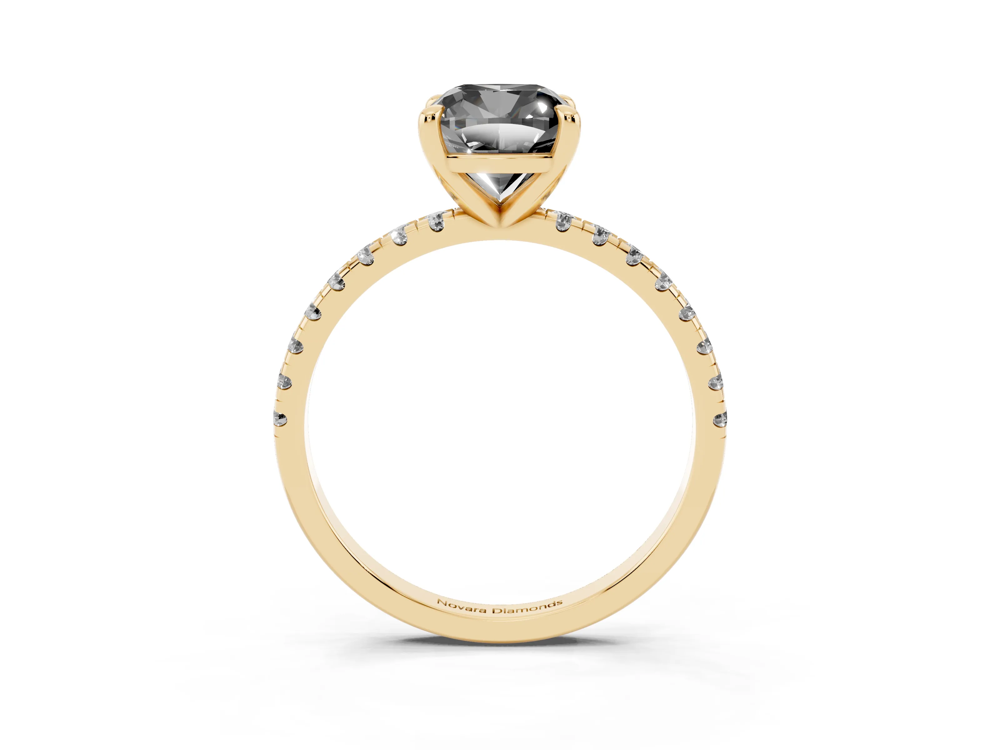 Fancy Black Cushion Cut Diamond Brilliant Solitaire Ring Set in Yellow gold with Pavé Band and Prong Setting