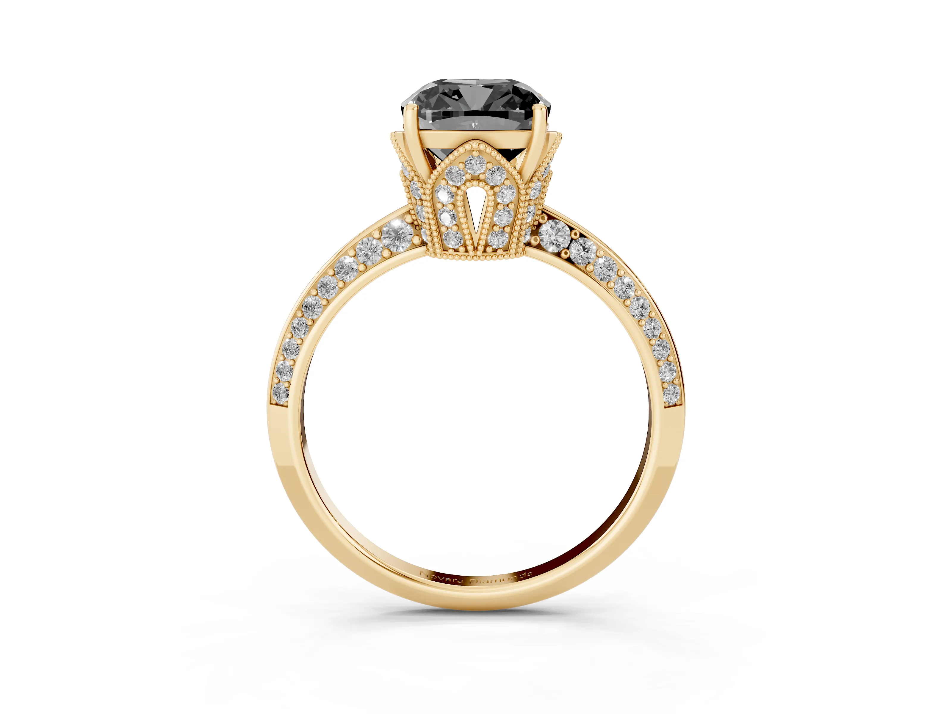 Fancy Black Cushion Cut Diamond Solitaire Engagement Ring Set in Yellow gold with Pavé Split Shank and Prong Setting