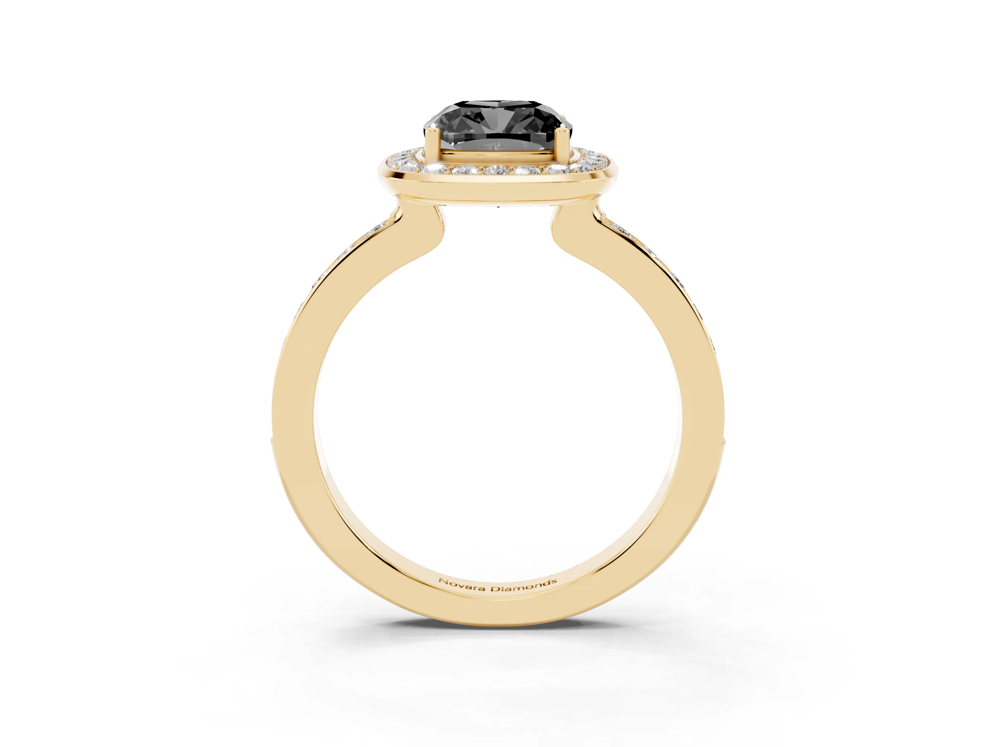 Fancy Black Cushion Cut Diamond Halo Ring Set in Yellow gold with Bezel Frame and Pavé Band