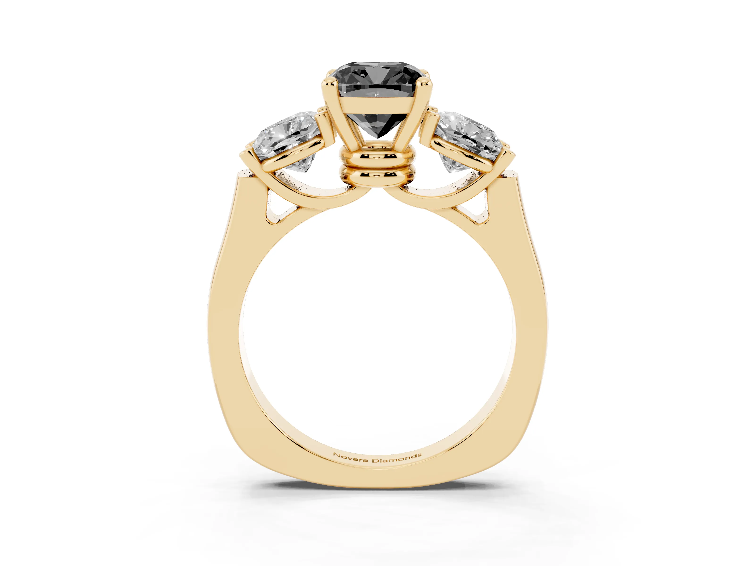 Fancy Black Cushion Cut Diamond Three-Stone Trellis Ring Set in Yellow gold with Comfort Fit Band