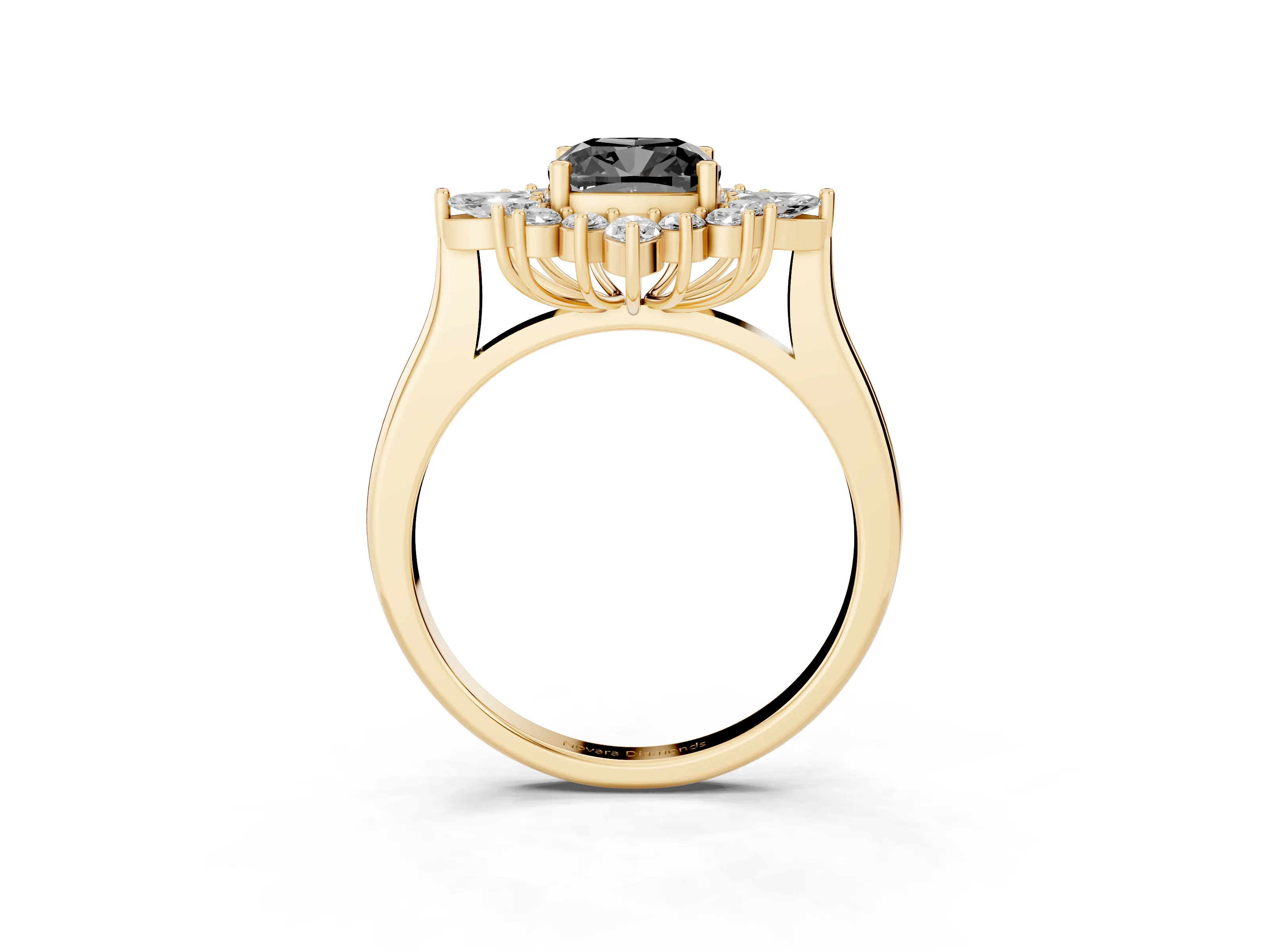 Fancy Black Cushion Cut Diamond Cluster Halo Ring Set in Yellow gold with Marquise and Round Accents