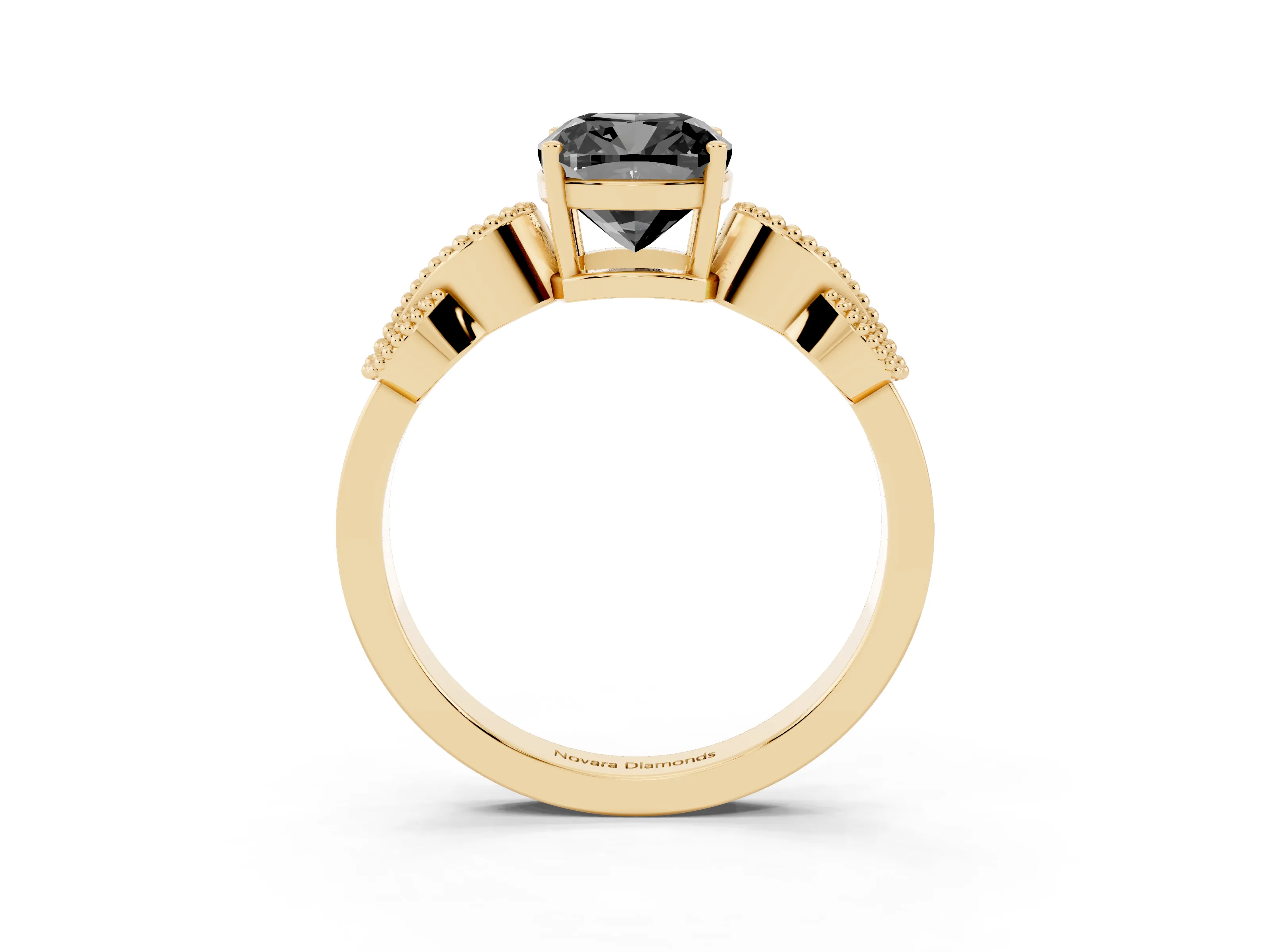 Fancy Black Cushion Cut Diamond Milgrain Leaf Band Solitaire Ring Set in Yellow gold with Accent Stones and Prong Setting