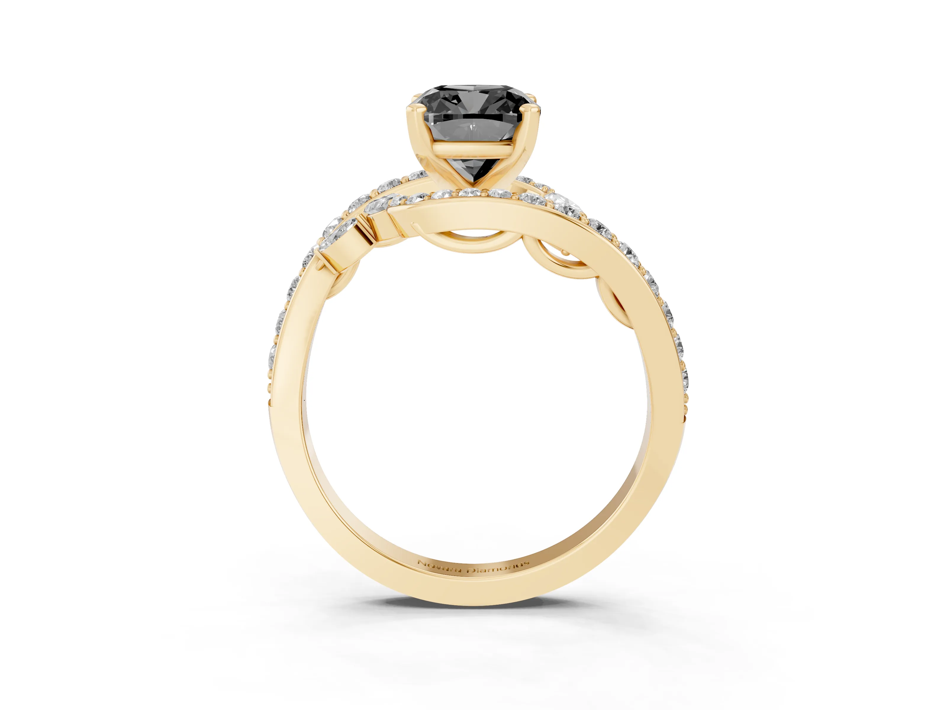 Fancy Black Cushion Cut Diamond Solitaire Ring Set in Yellow gold with Filigree Band and Prong Setting