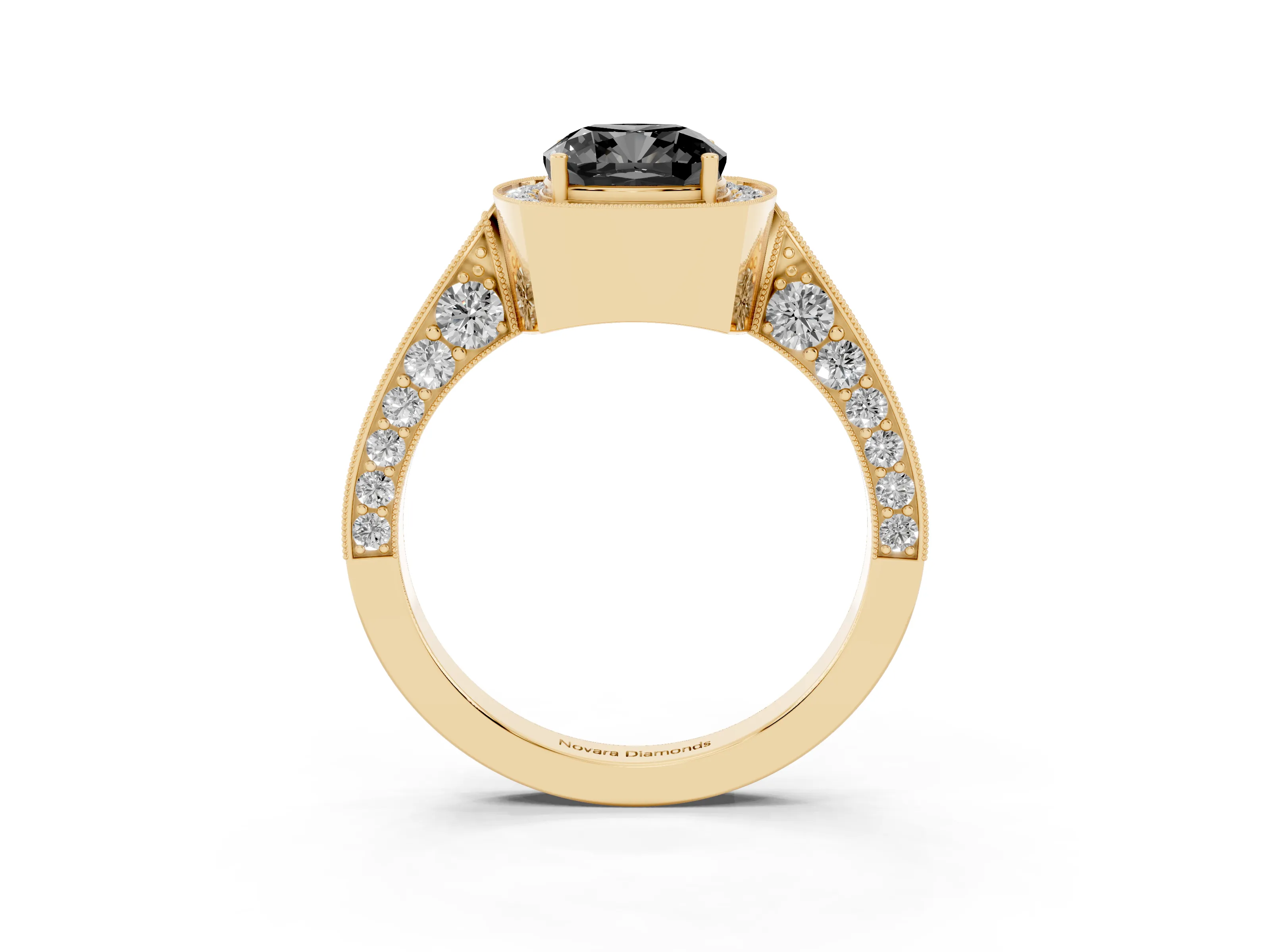 Fancy Black Cushion Cut Diamond Halo Engagement Ring Set in Yellow gold with Accent Split Shank Band