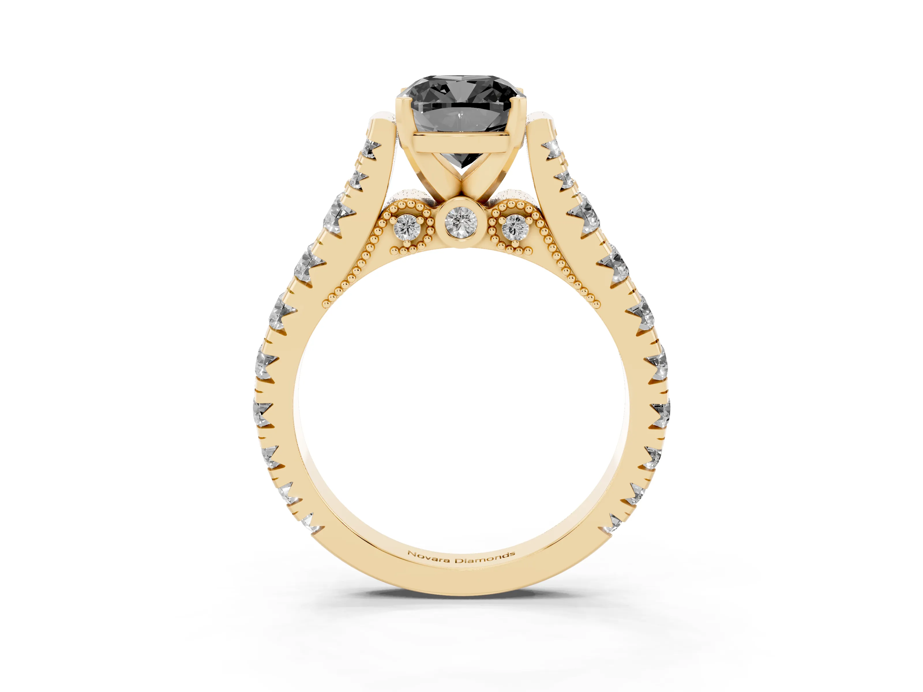 Fancy Black Cushion Cut Diamond Classic Solitaire Ring Set in Yellow gold with Pavé Band and Prong Setting