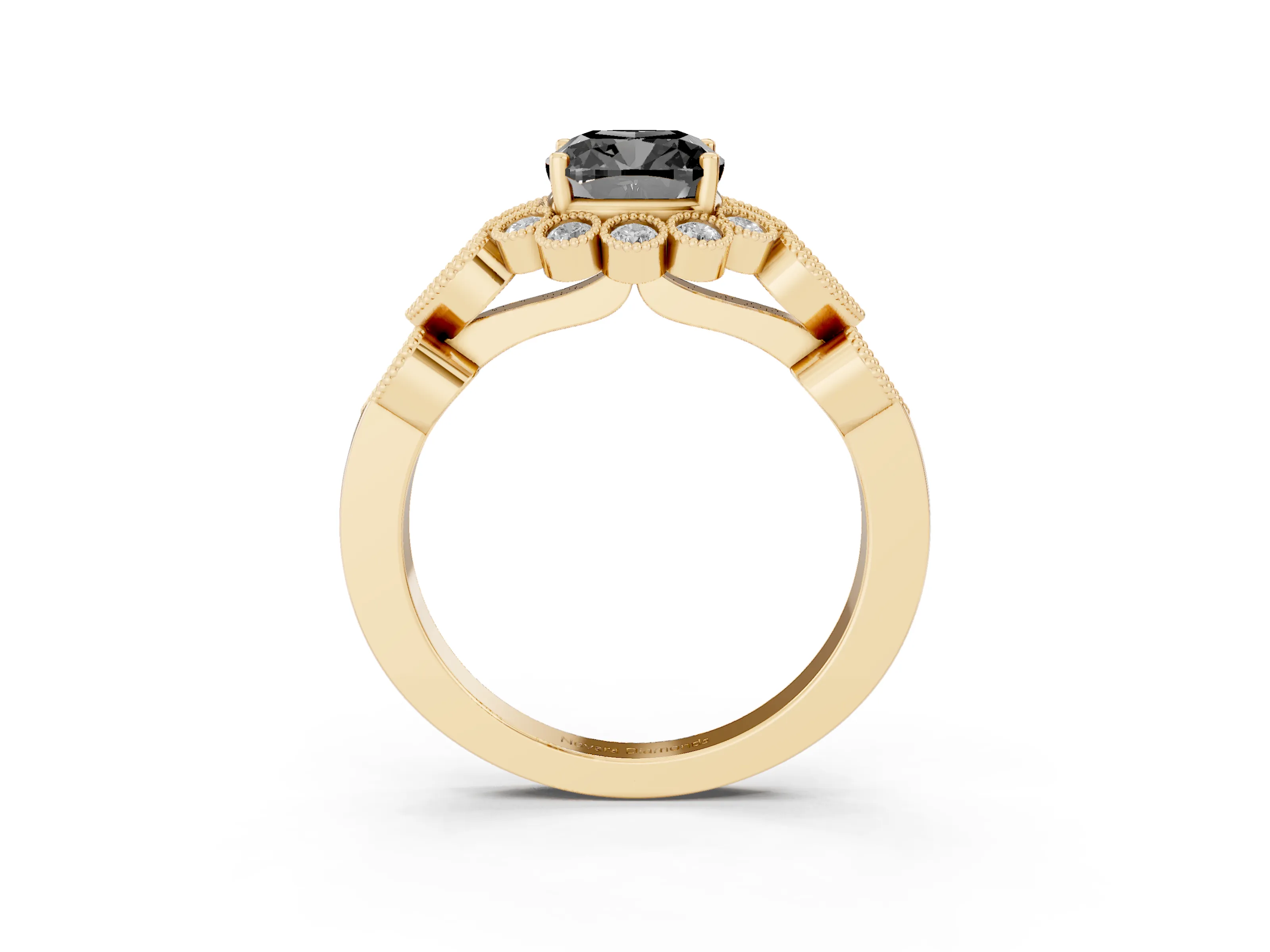 Fancy Black Cushion Cut Diamond Solitaire Ring Set in Yellow gold with Milgrain Pavé Heart Band